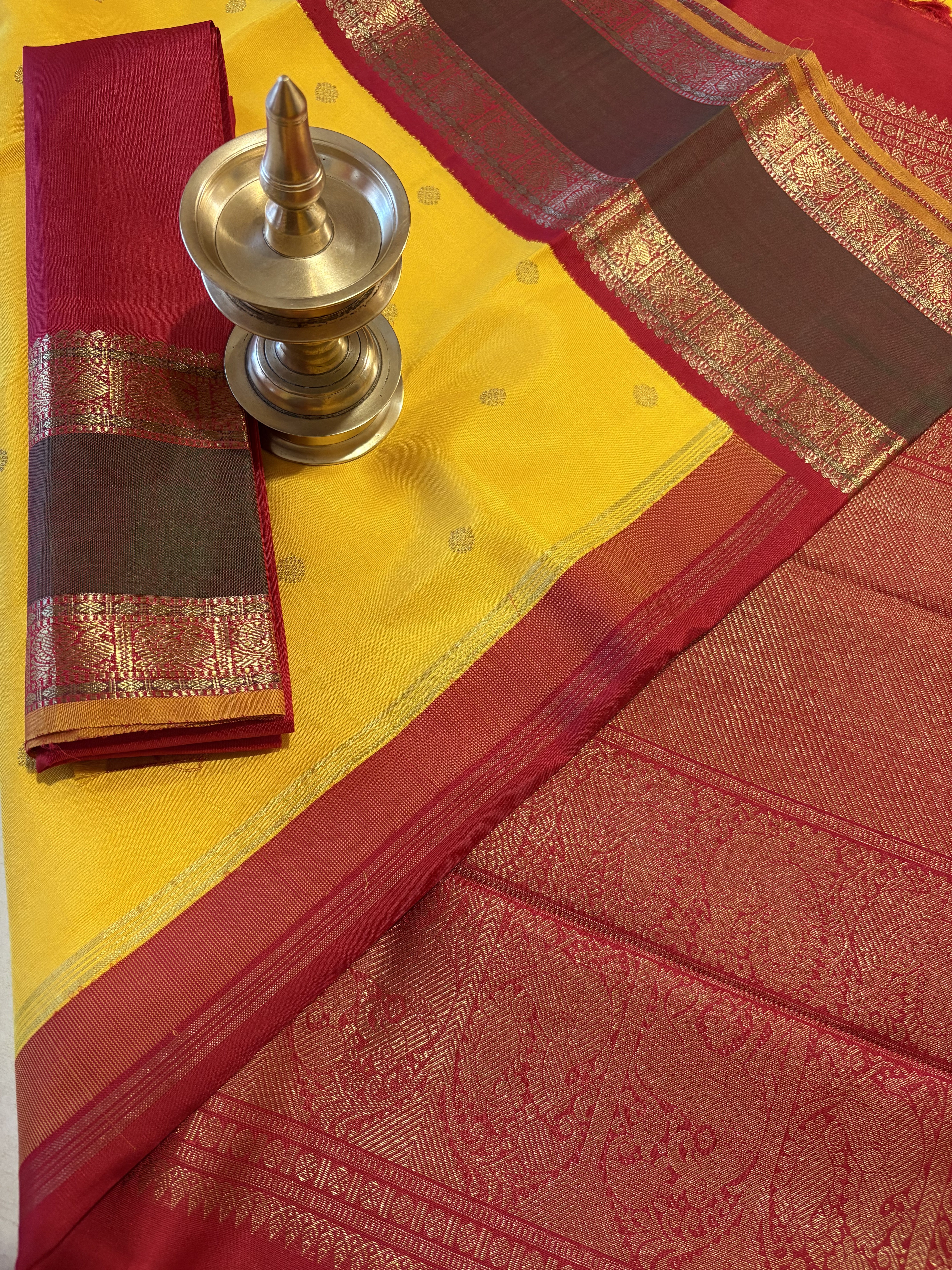 Sunny Yellow Korvai Kanjivaram as ilk Saree with Red border - RK075