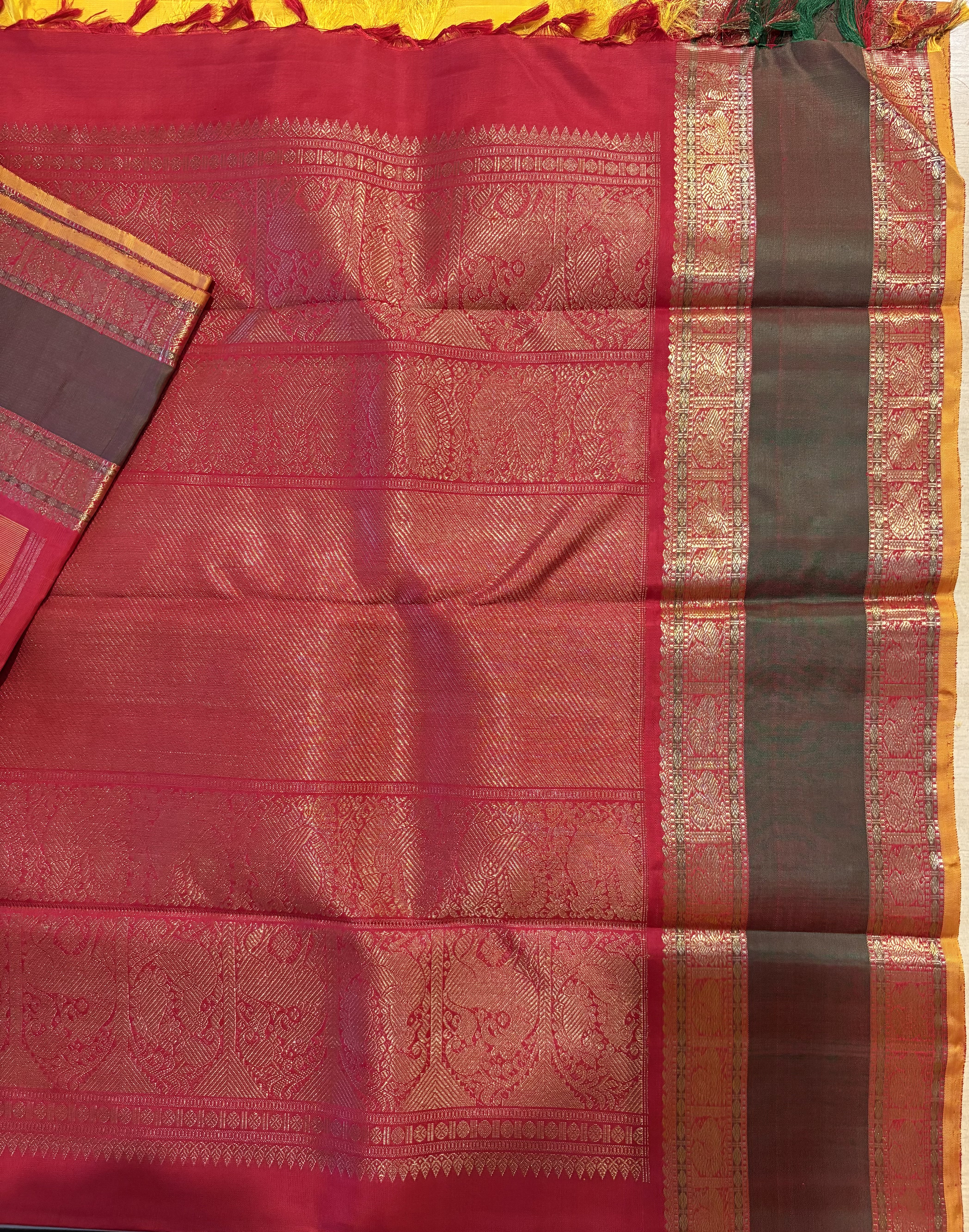 Sunny Yellow Korvai Kanjivaram as ilk Saree with Red border - RK075