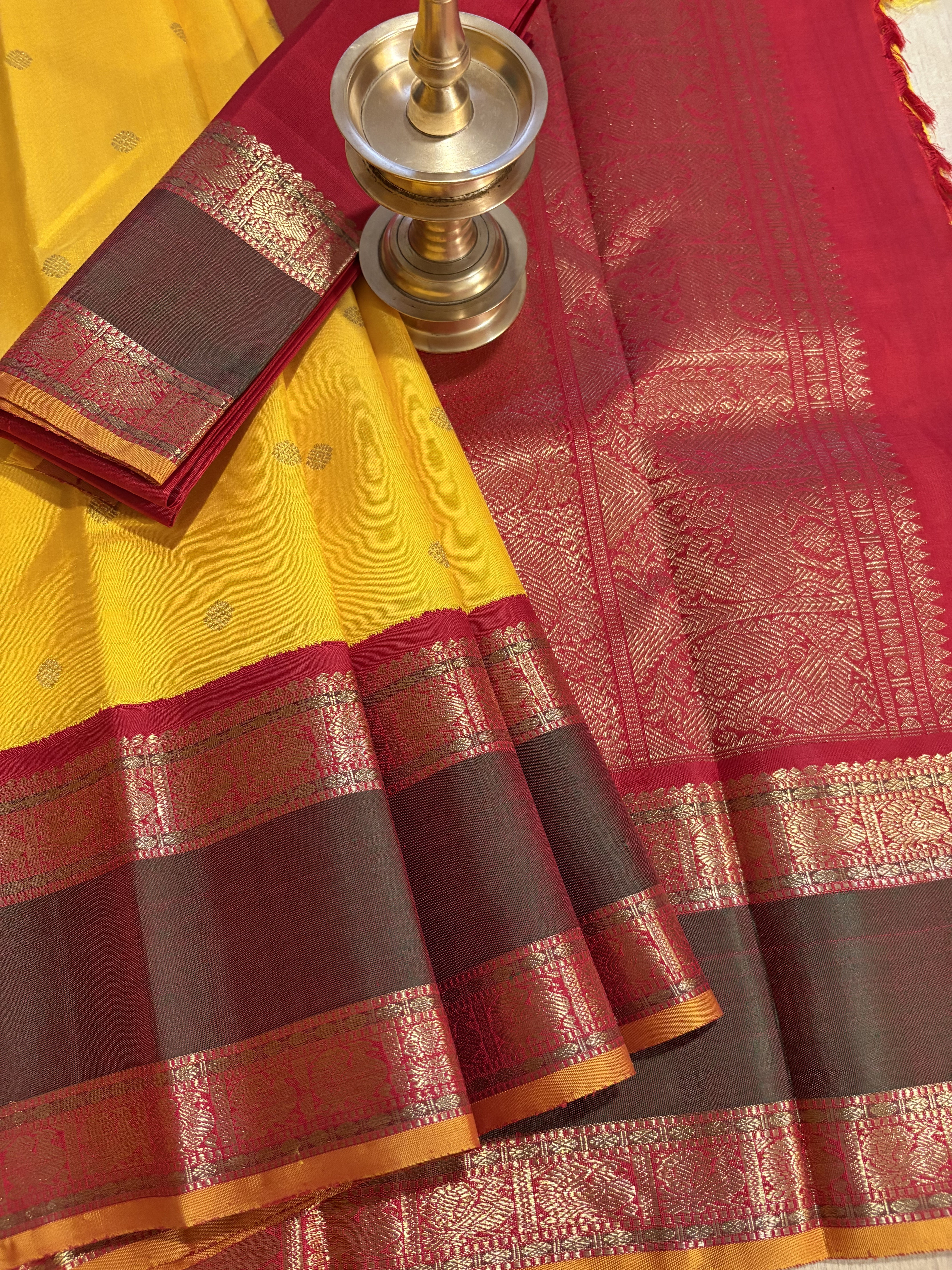 Sunny Yellow Korvai Kanjivaram as ilk Saree with Red border - RK075
