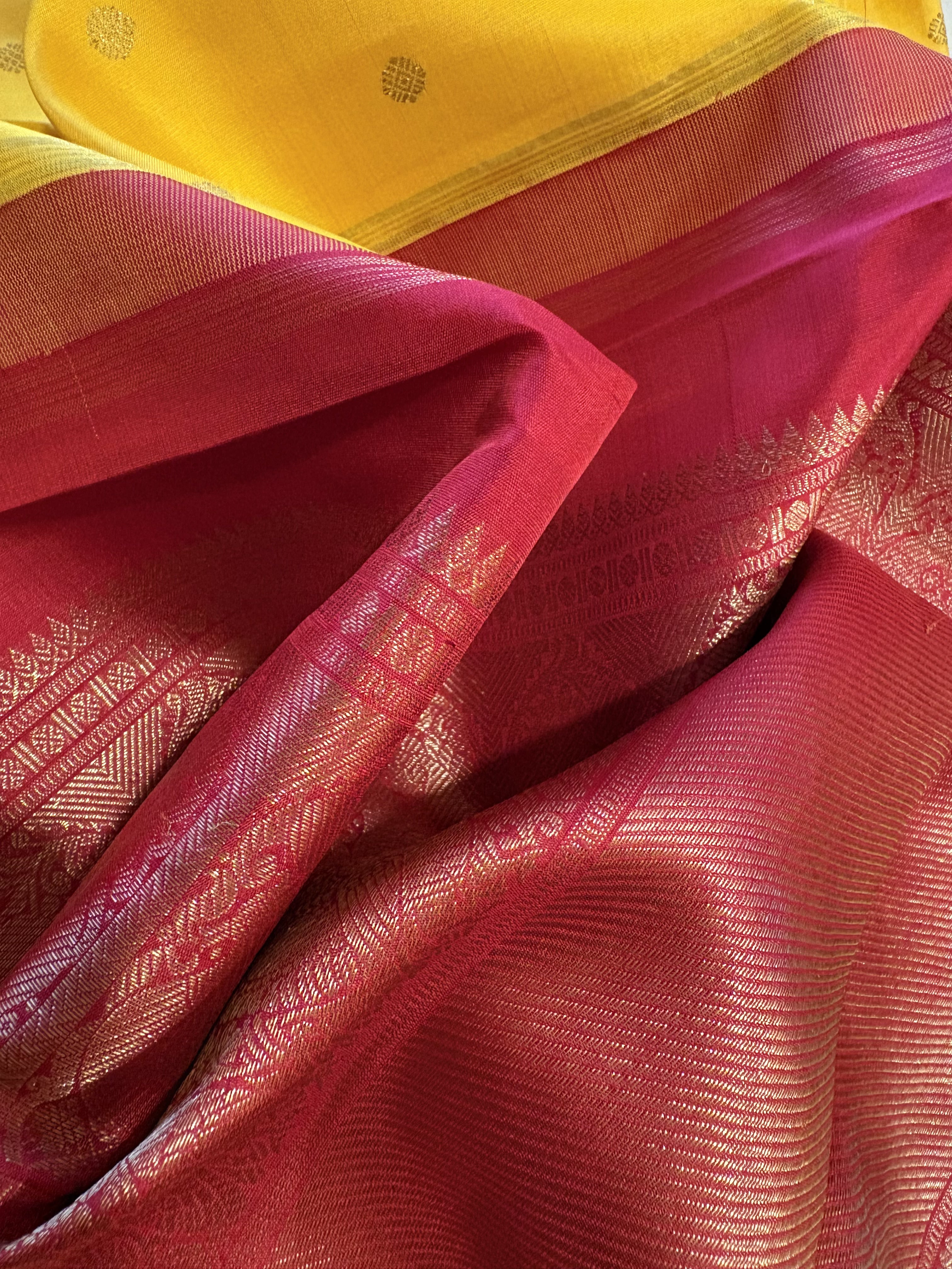 Sunny Yellow Korvai Kanjivaram as ilk Saree with Red border - RK075