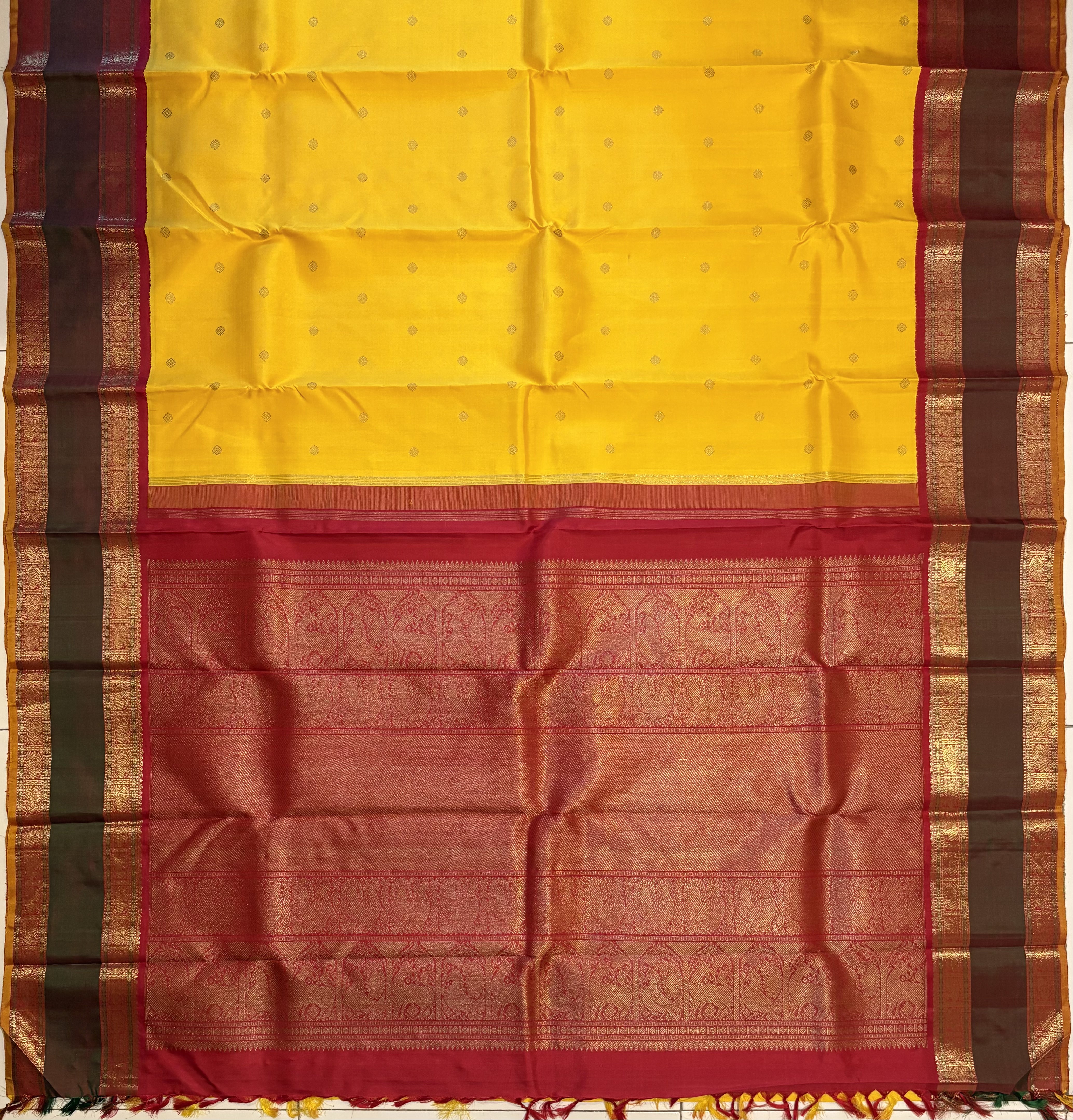 Sunny Yellow Korvai Kanjivaram as ilk Saree with Red border - RK075