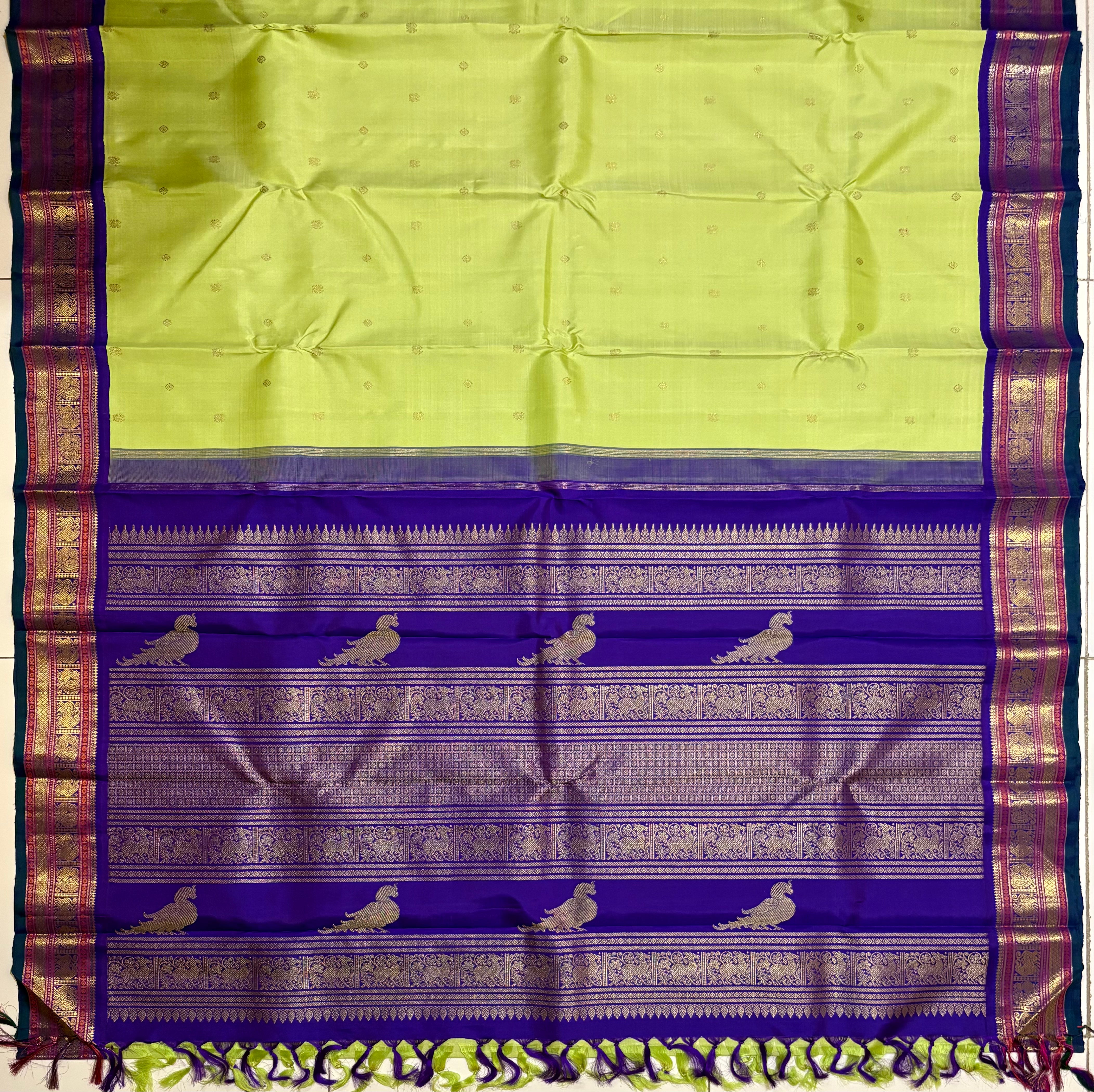Apple Green Korvai Handloom Kanjivaram Silk Saree with Violet Border - RK0362