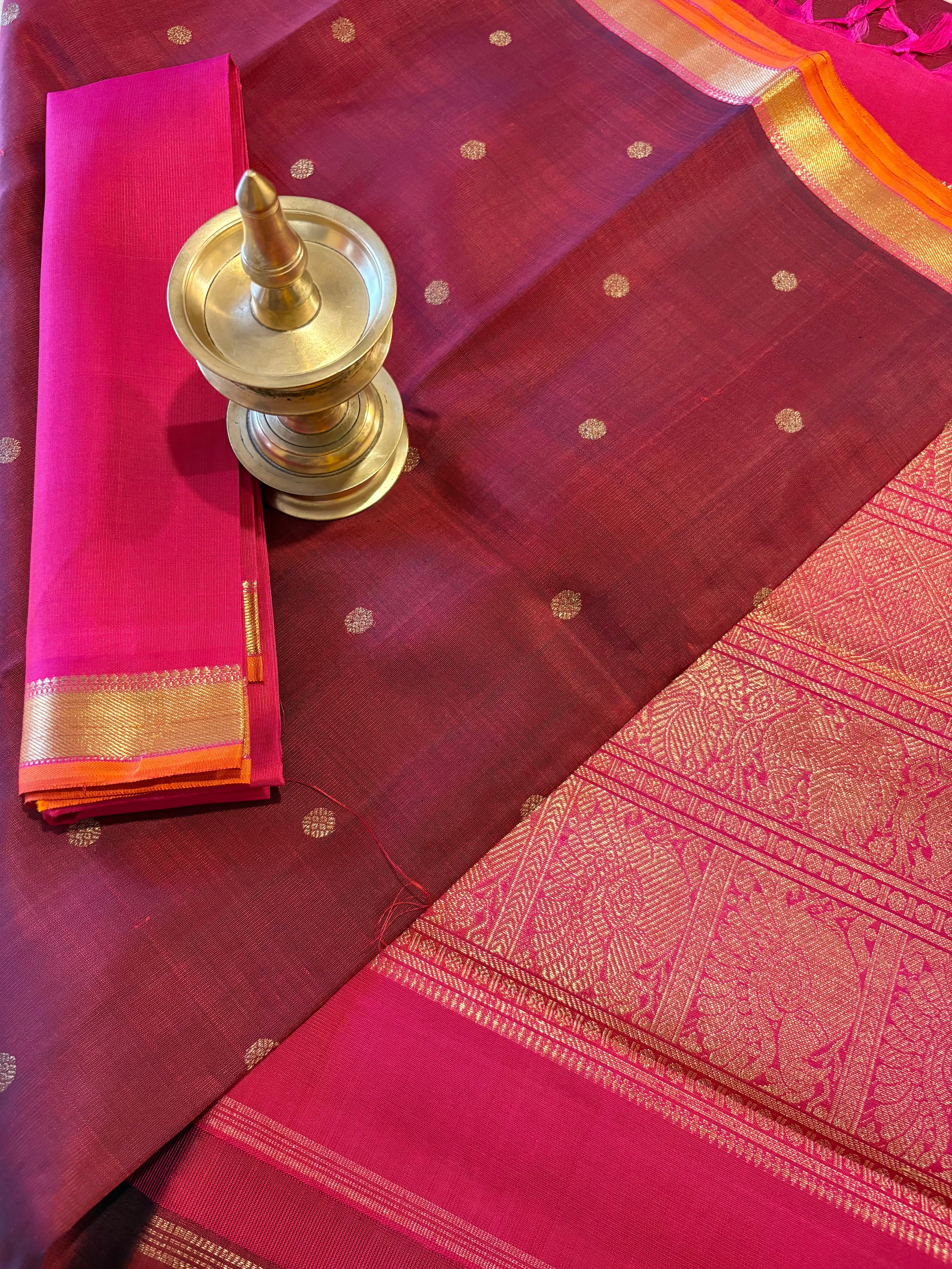 Deep Maroon small border Kanjivaram Silk Saree with Rani pink border - RK0146