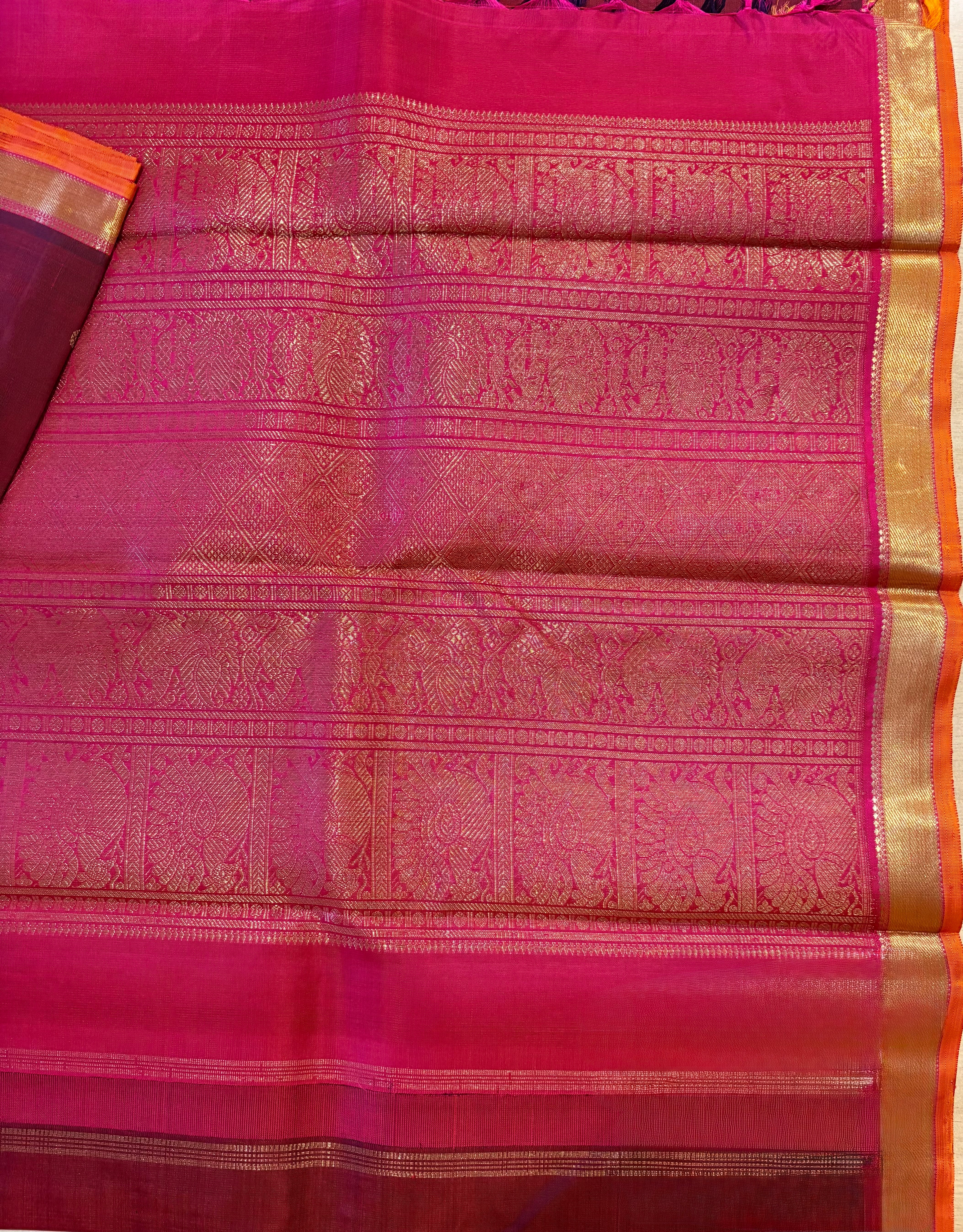 Deep Maroon small border Kanjivaram Silk Saree with Rani pink border - RK0146