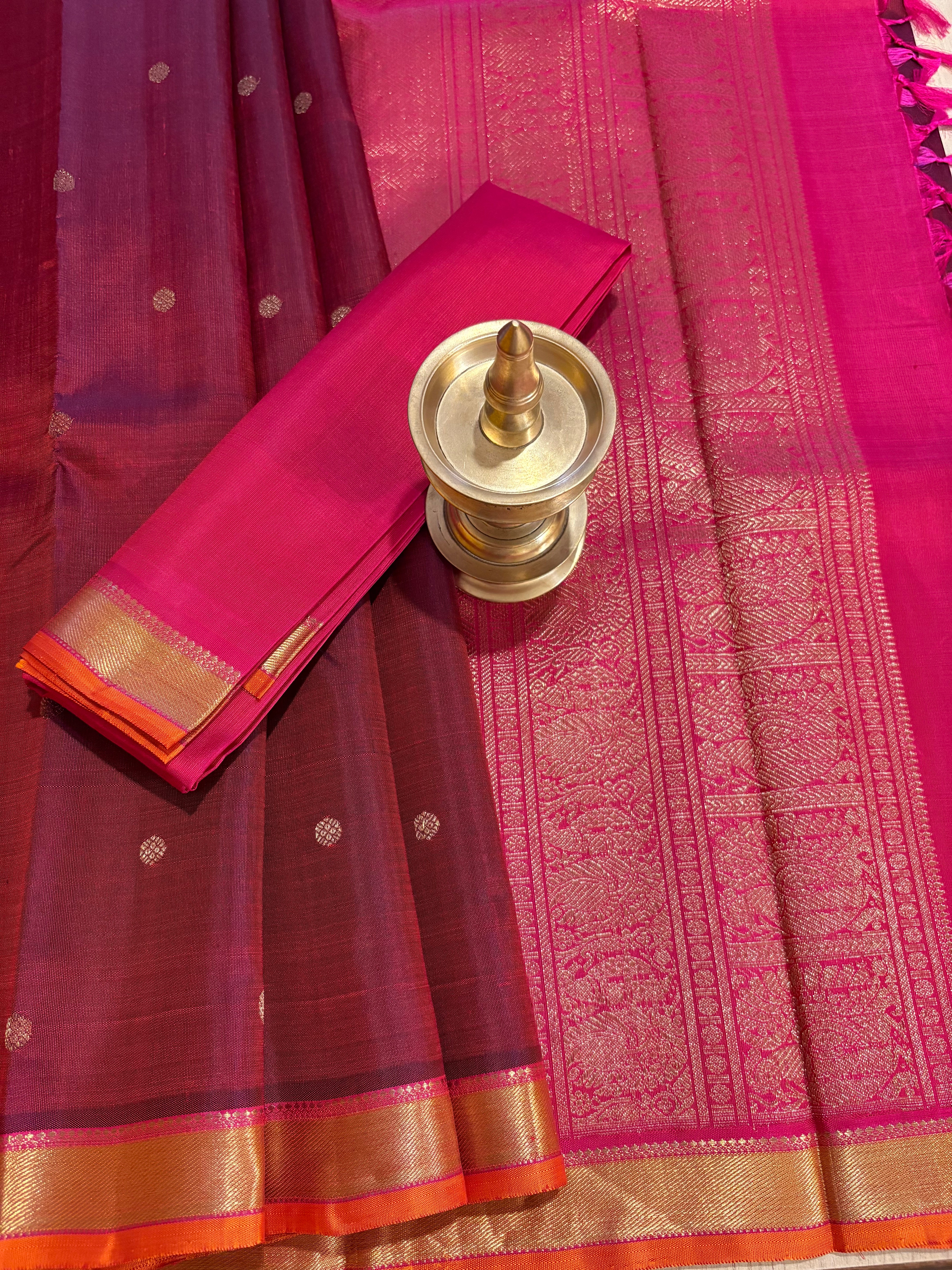 Deep Maroon small border Kanjivaram Silk Saree with Rani pink border - RK0146