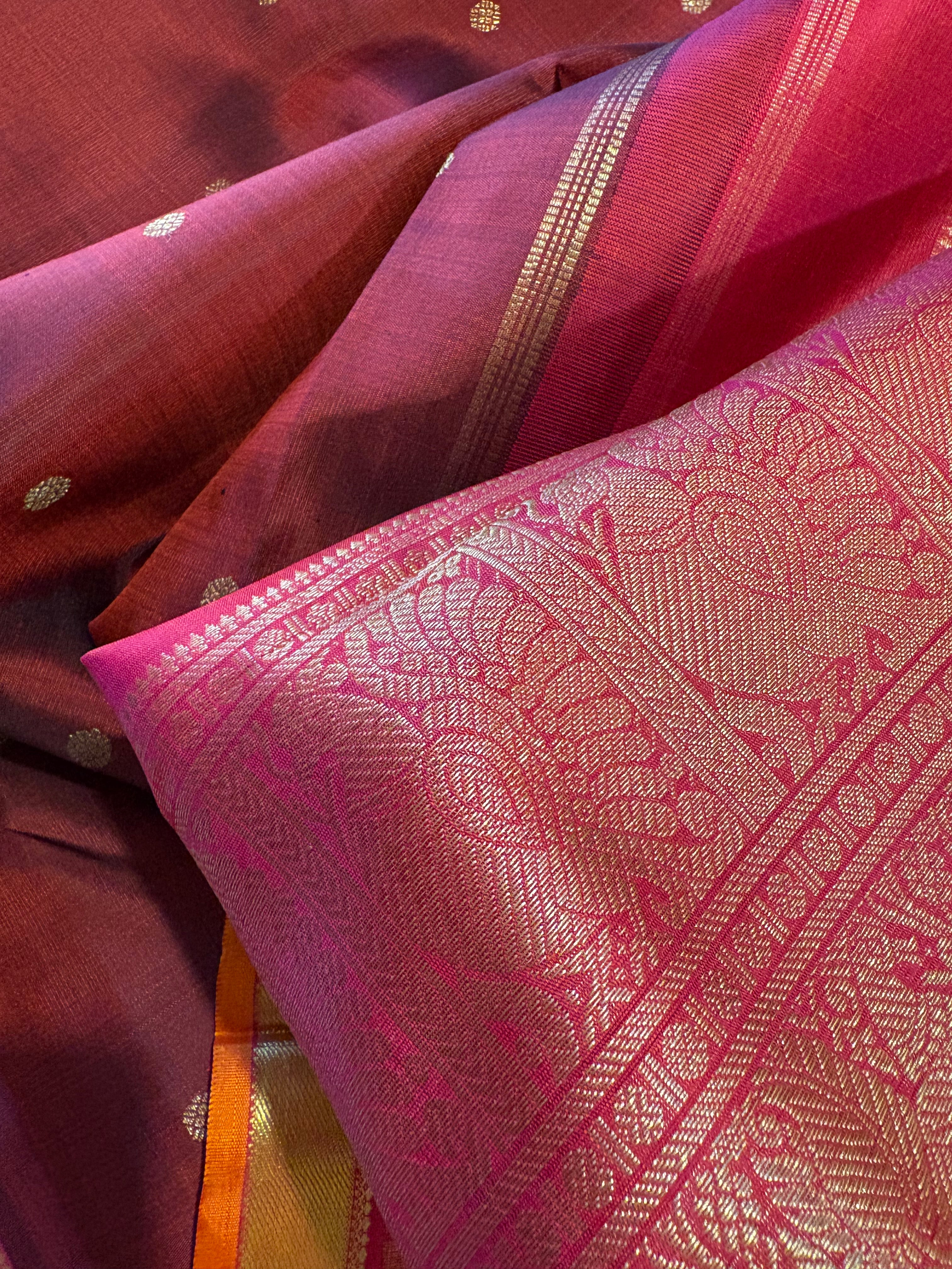 Deep Maroon small border Kanjivaram Silk Saree with Rani pink border - RK0146