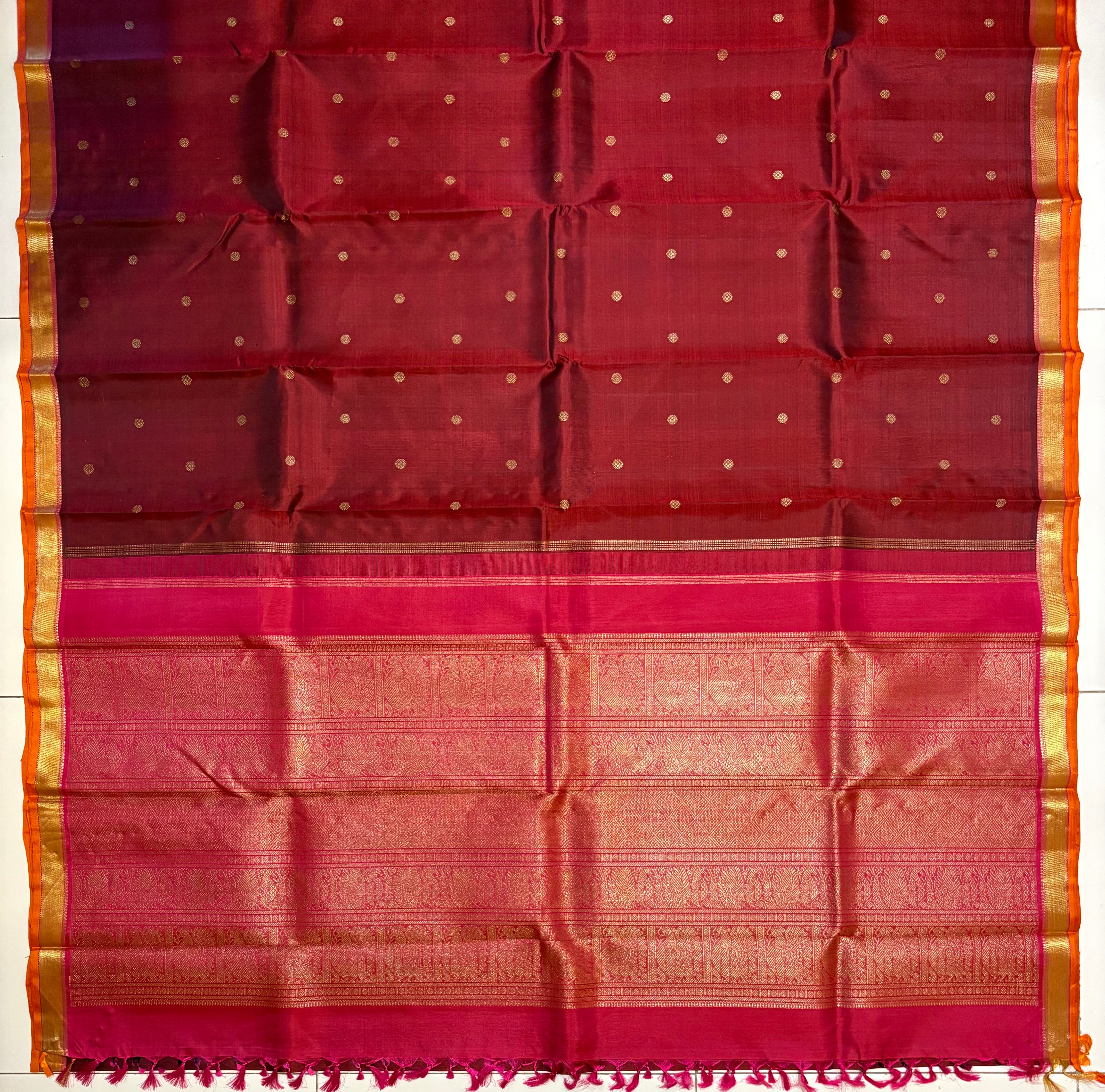 Deep Maroon small border Kanjivaram Silk Saree with Rani pink border - RK0146