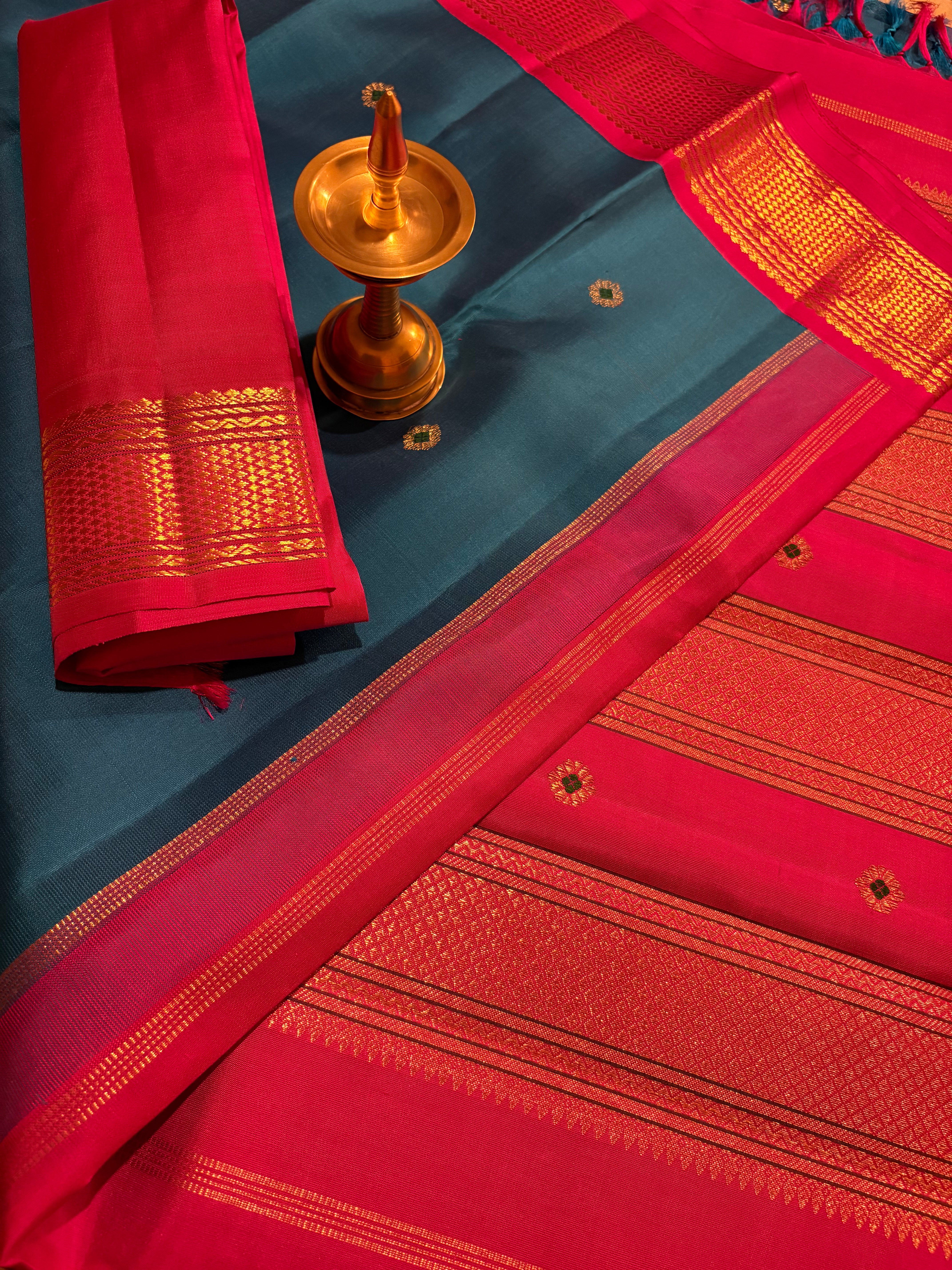 Teal Blue Korvai Kanjivaram Silk saree with Rani Pink border - RK0538