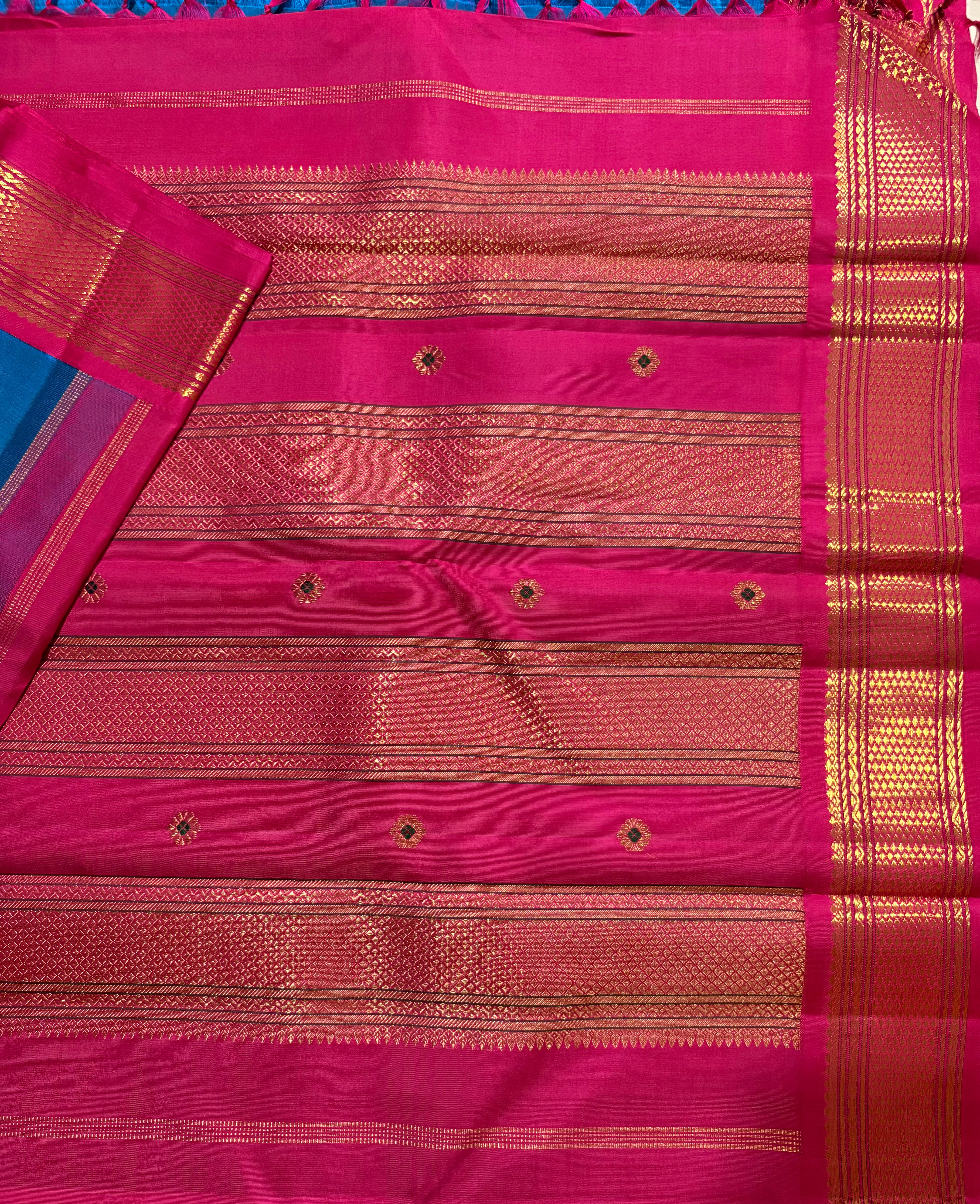 Teal Blue Korvai Kanjivaram Silk saree with Rani Pink border - RK0538