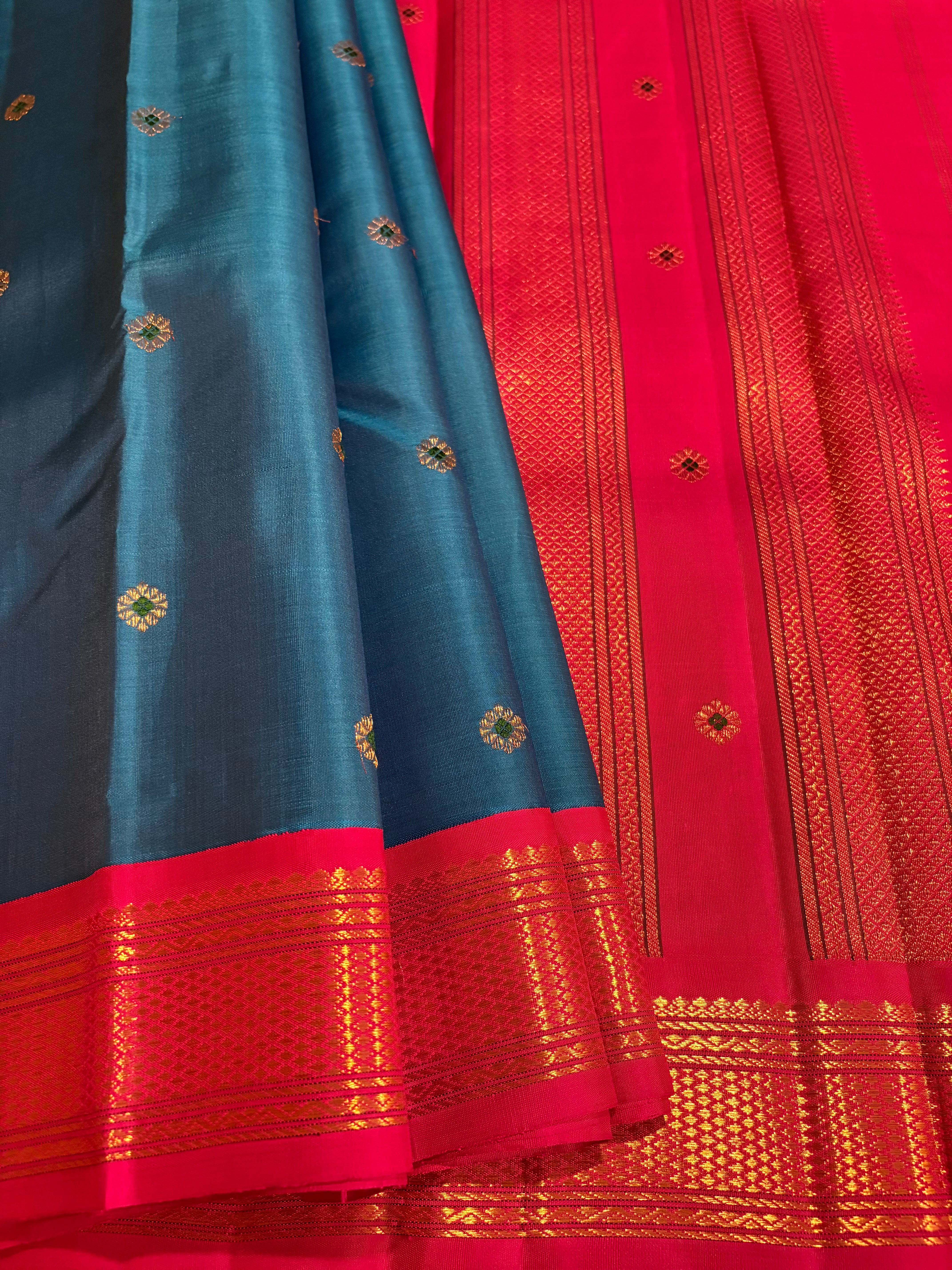 Teal Blue Korvai Kanjivaram Silk saree with Rani Pink border - RK0538