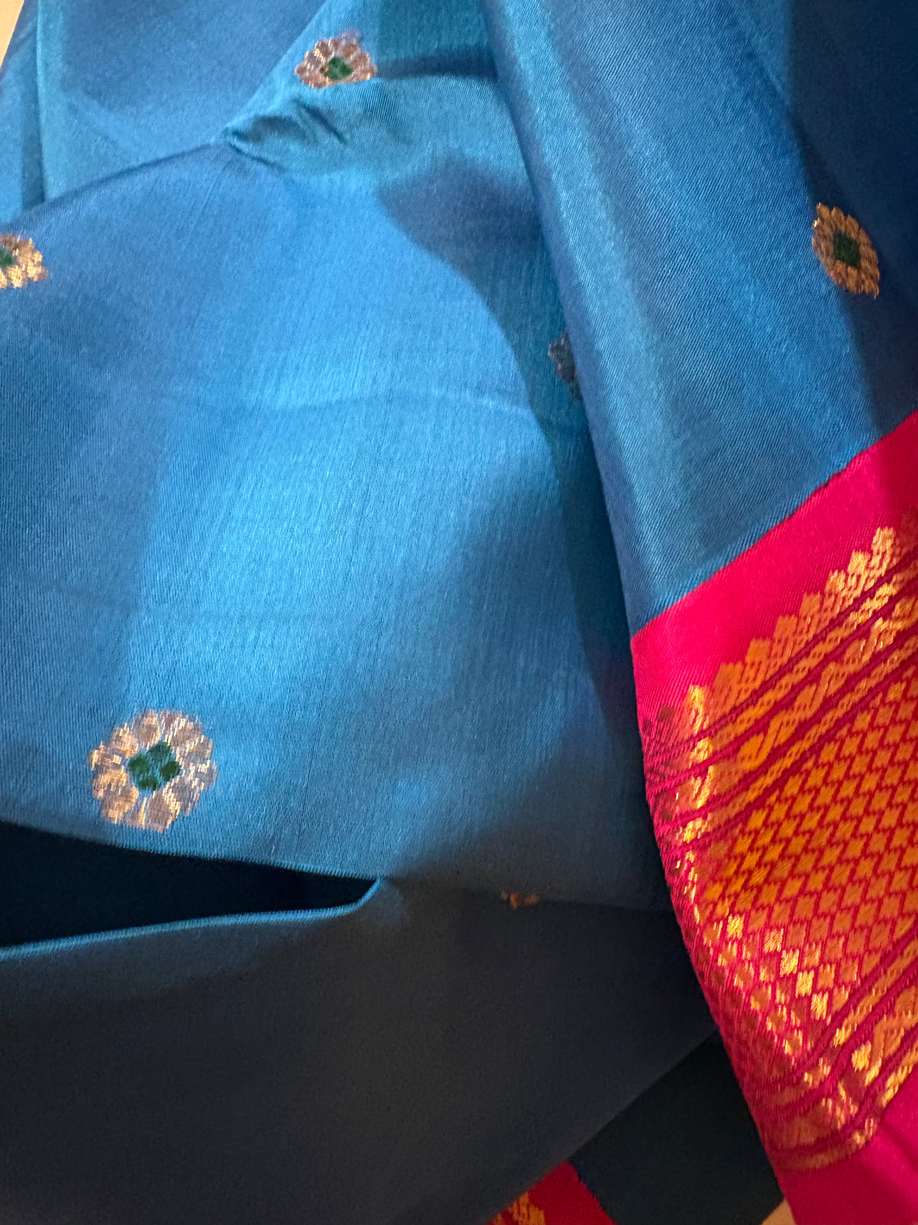 Teal Blue Korvai Kanjivaram Silk saree with Rani Pink border - RK0538