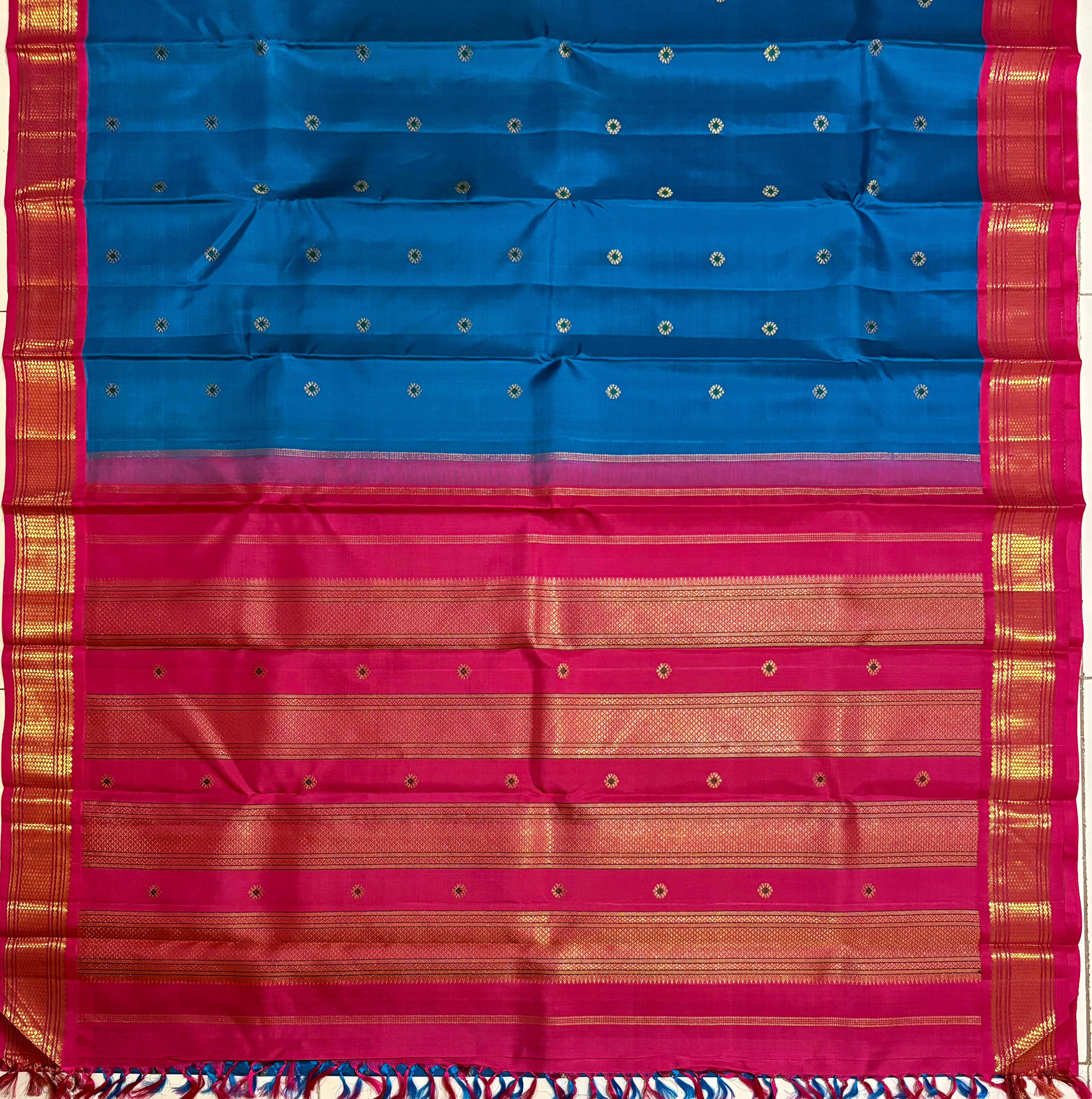 Teal Blue Korvai Kanjivaram Silk saree with Rani Pink border - RK0538