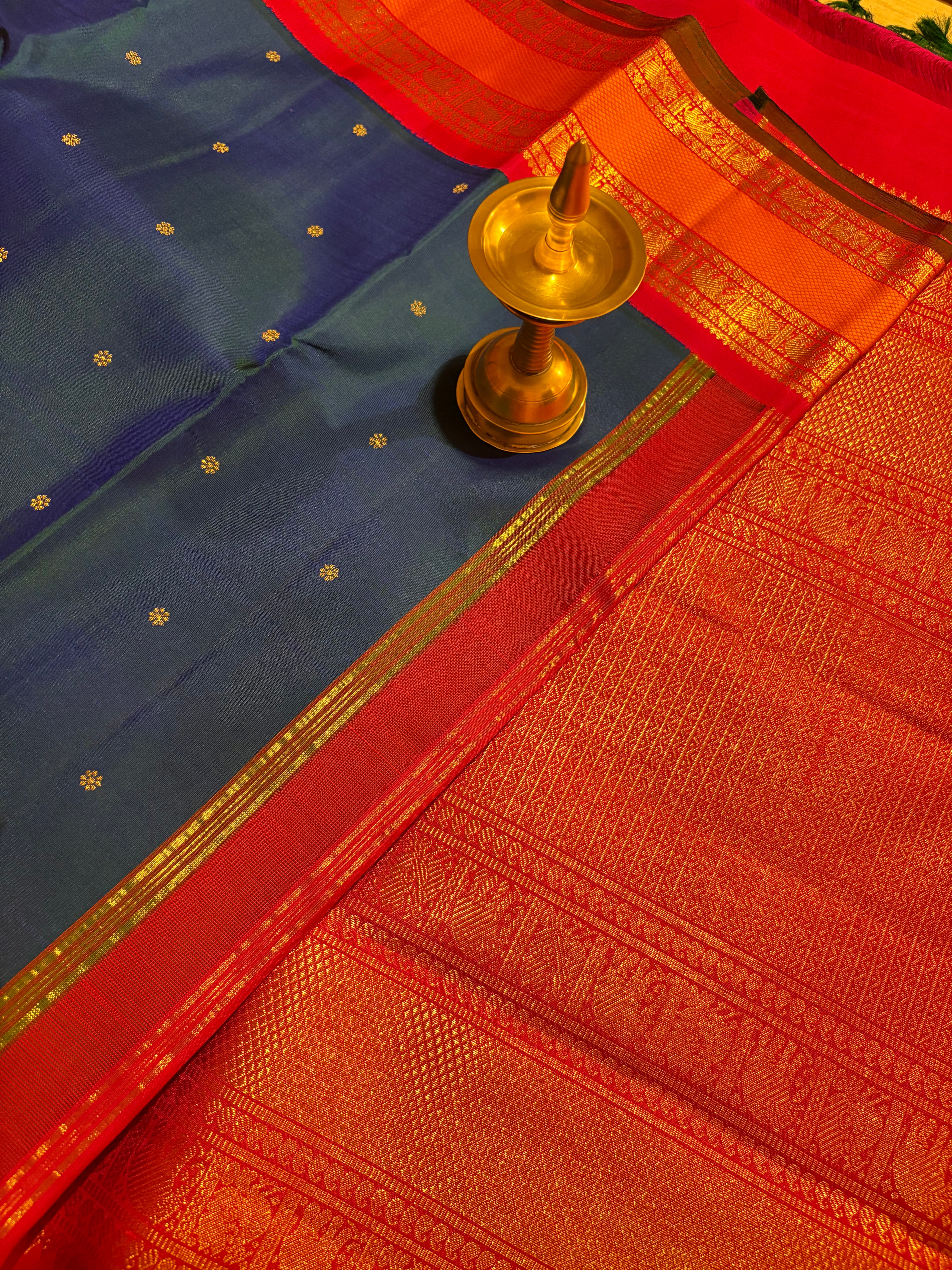 Peacock Blue Korvai Kanjivaram Silk Saree with Rani Pink Border - RK0518