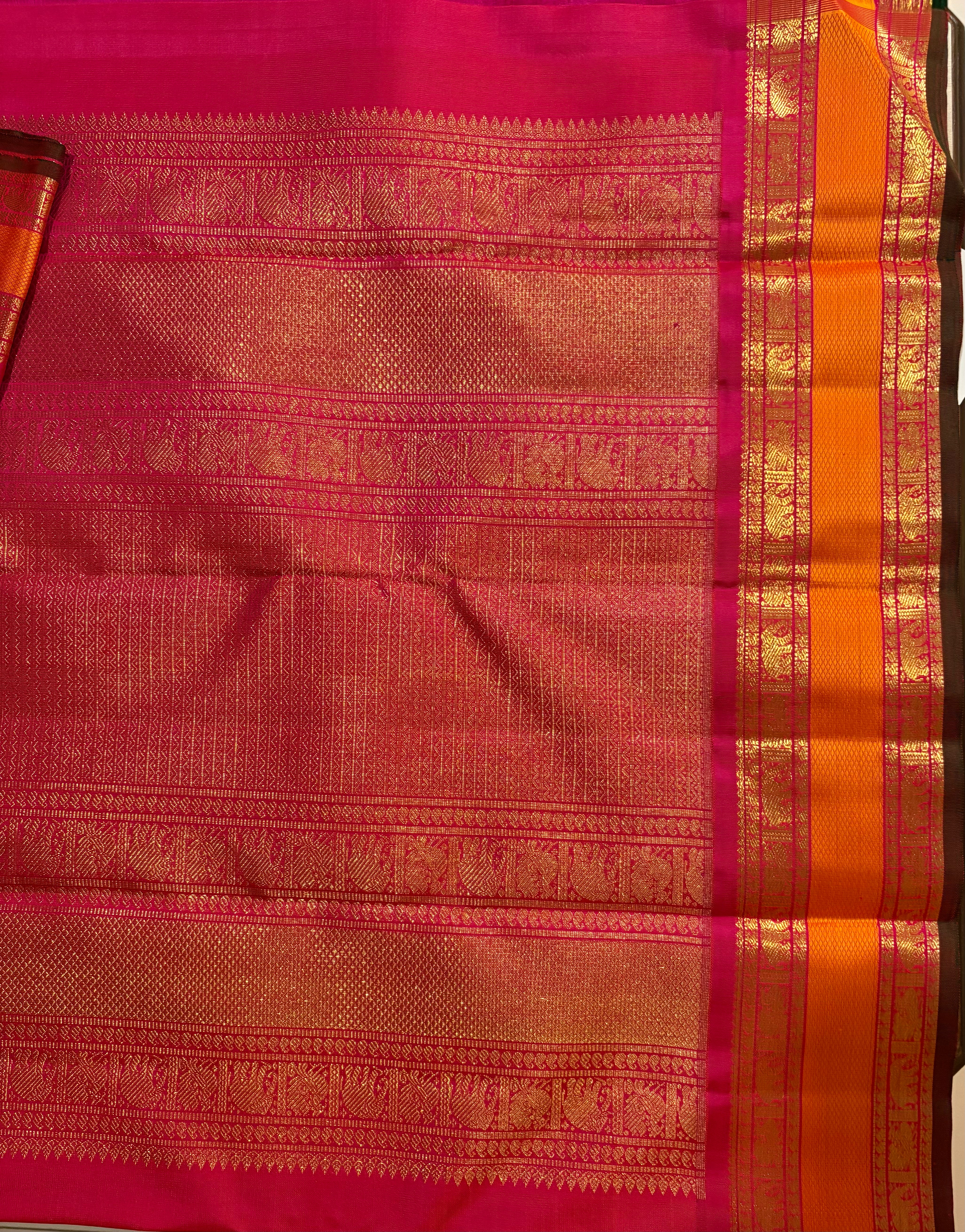 Peacock Blue Korvai Kanjivaram Silk Saree with Rani Pink Border - RK0518