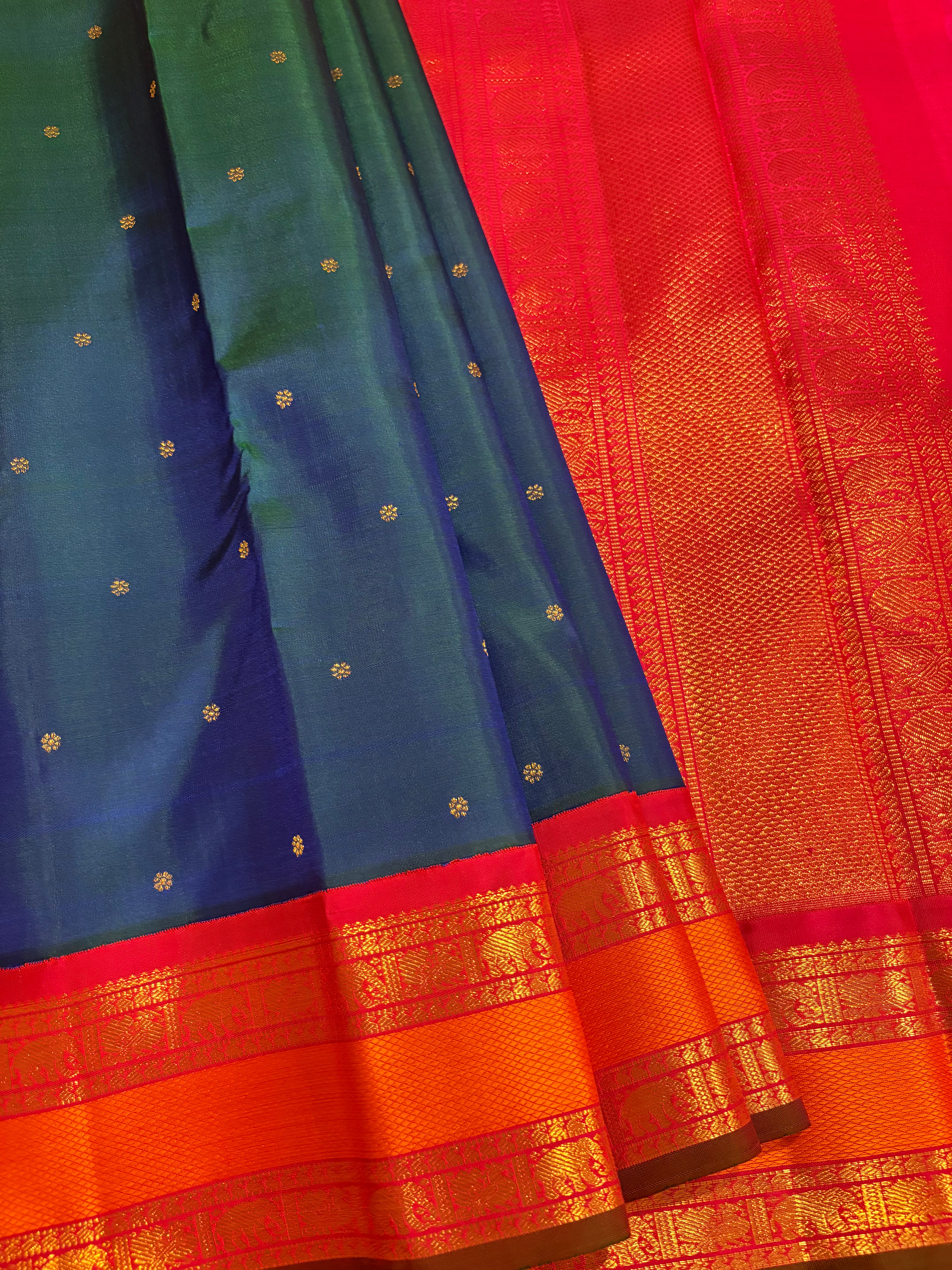 Peacock Blue Korvai Kanjivaram Silk Saree with Rani Pink Border - RK0518