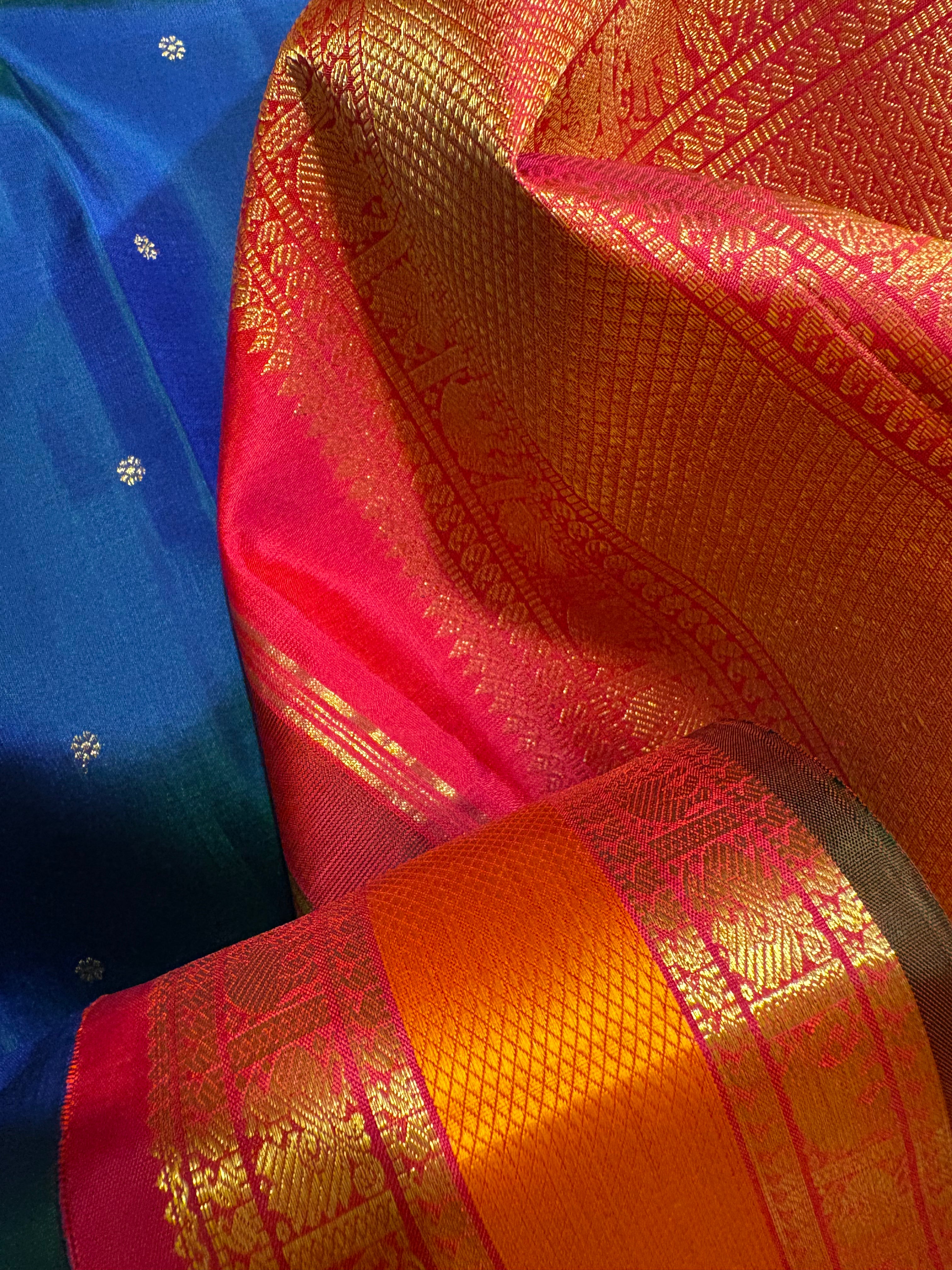 Peacock Blue Korvai Kanjivaram Silk Saree with Rani Pink Border - RK0518