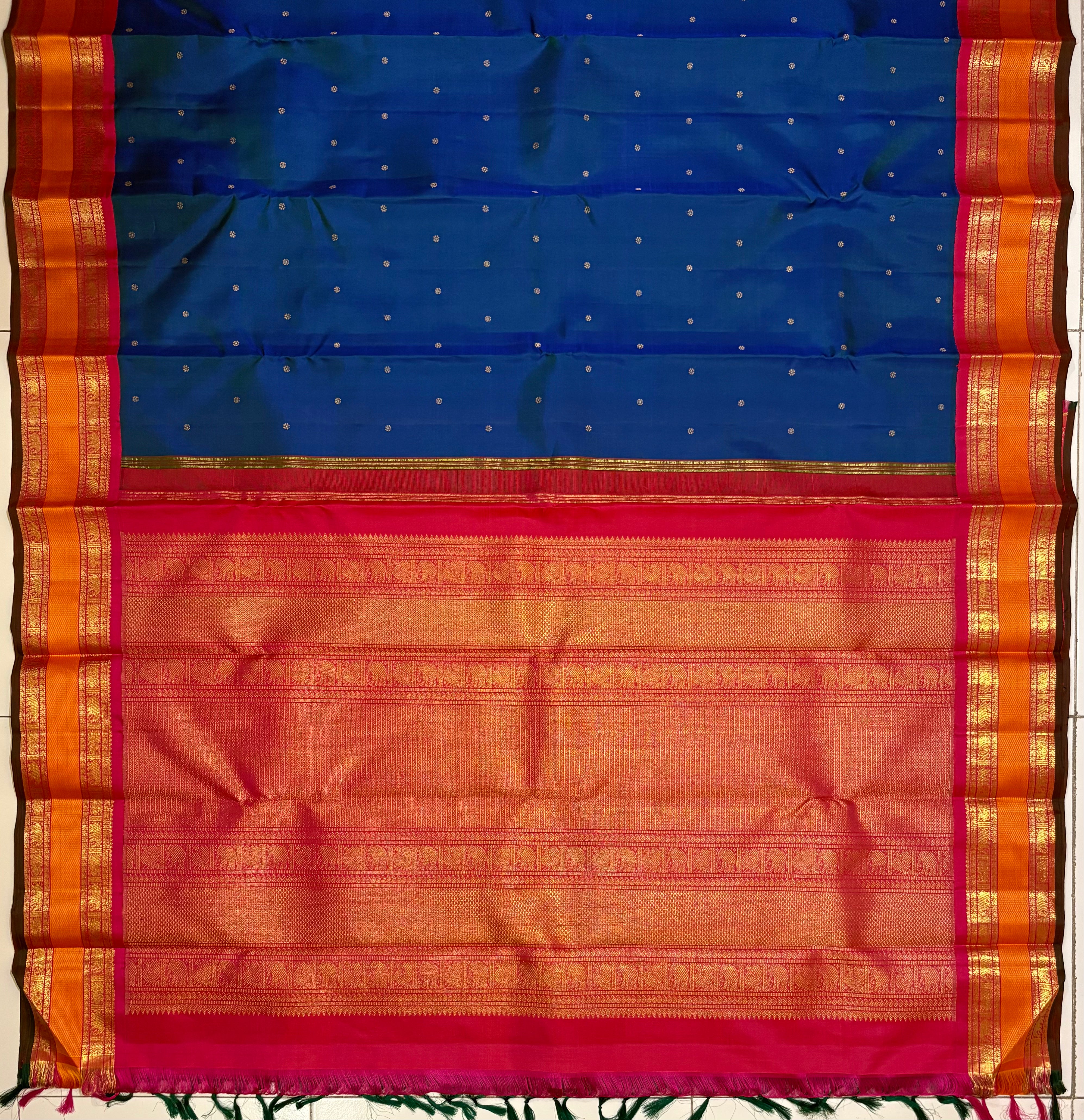 Peacock Blue Korvai Kanjivaram Silk Saree with Rani Pink Border - RK0518