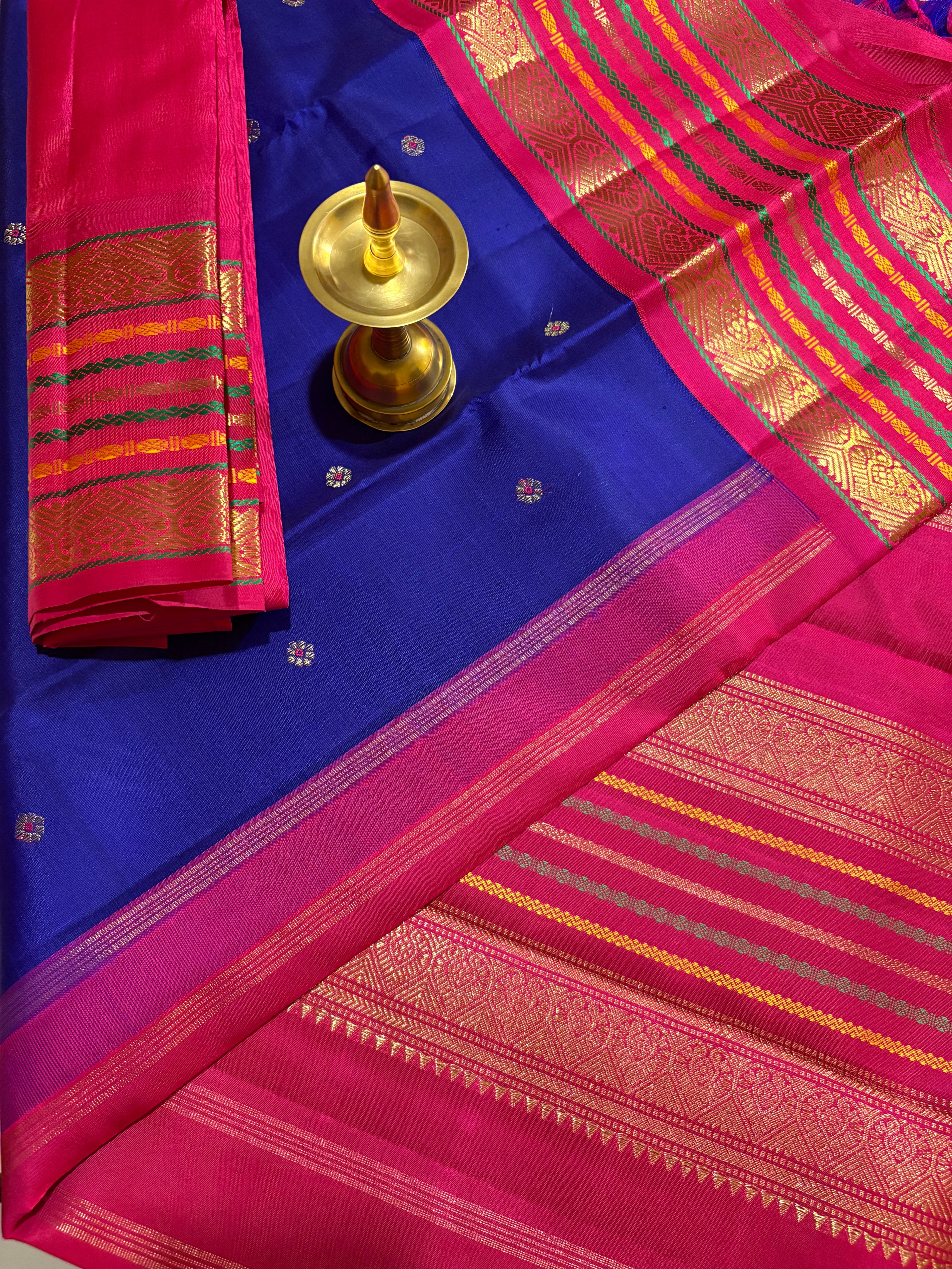 Ink Blue Korvai Kanjivaram Silk Saree with Rani Pink Border - RK0533