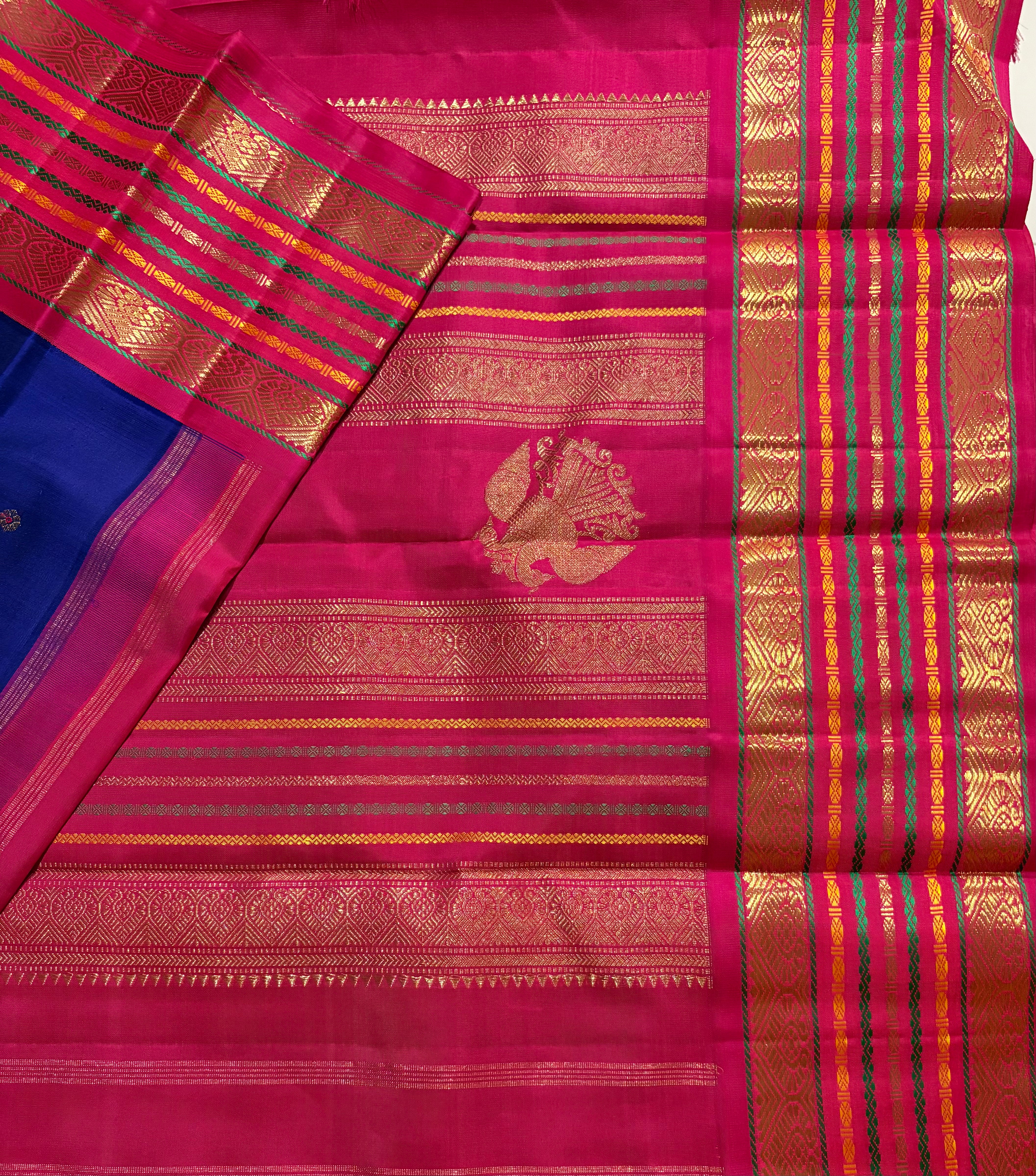 Ink Blue Korvai Kanjivaram Silk Saree with Rani Pink Border - RK0533