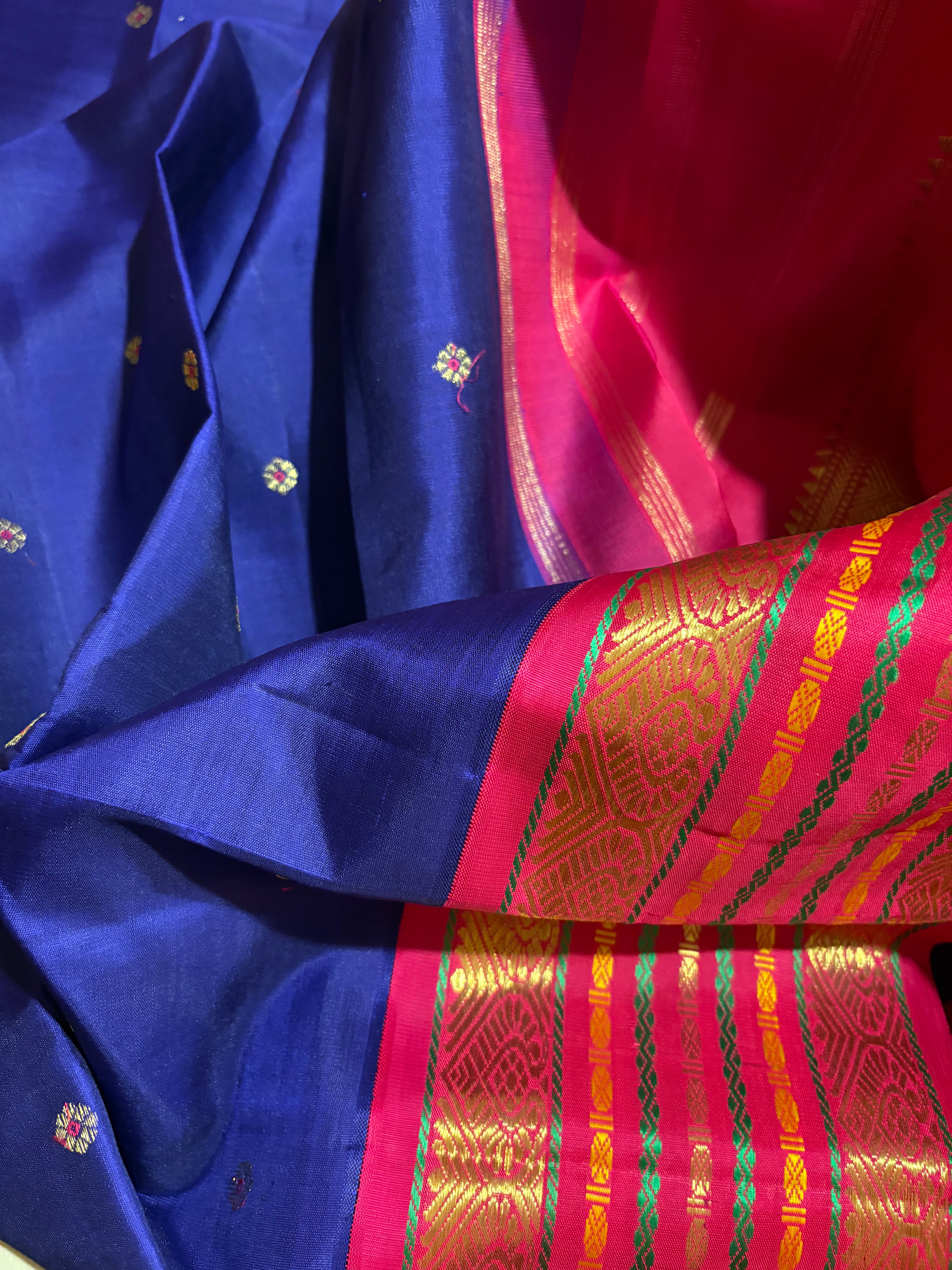 Ink Blue Korvai Kanjivaram Silk Saree with Rani Pink Border - RK0533