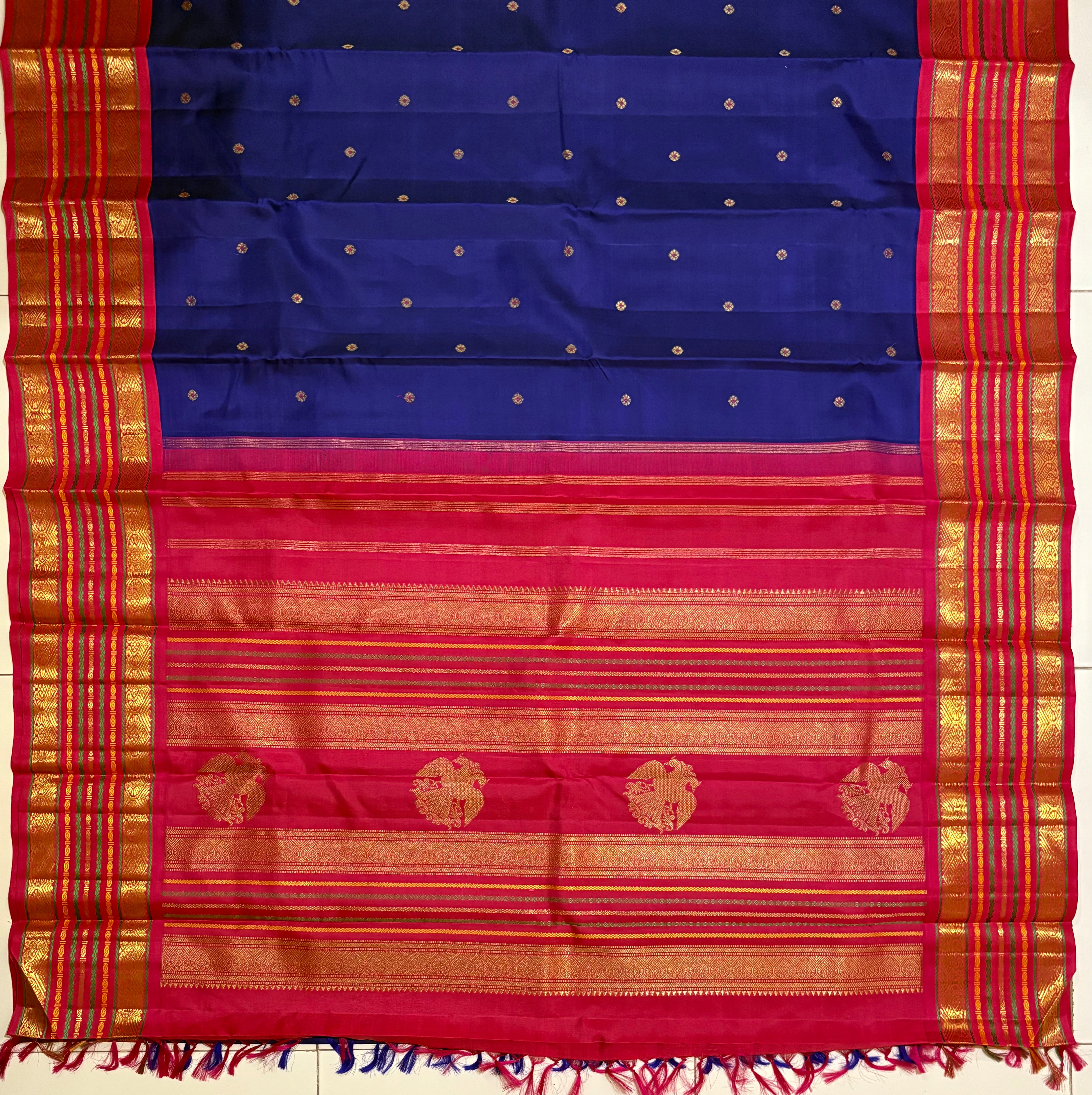 Ink Blue Korvai Kanjivaram Silk Saree with Rani Pink Border - RK0533
