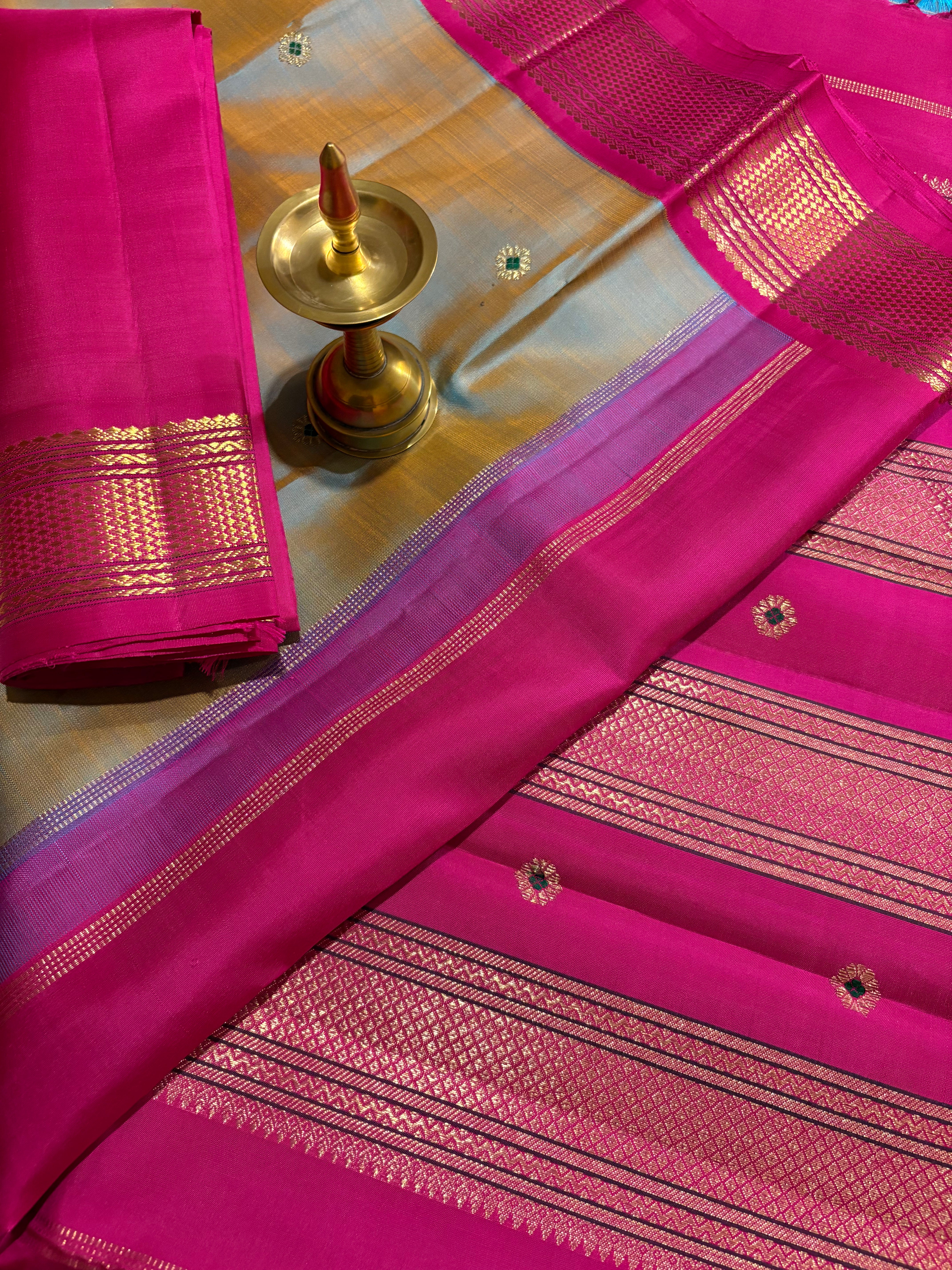 Silver Grey Korvai Kanjivaram Silk Saree  with Rani Pink Border - RK0537