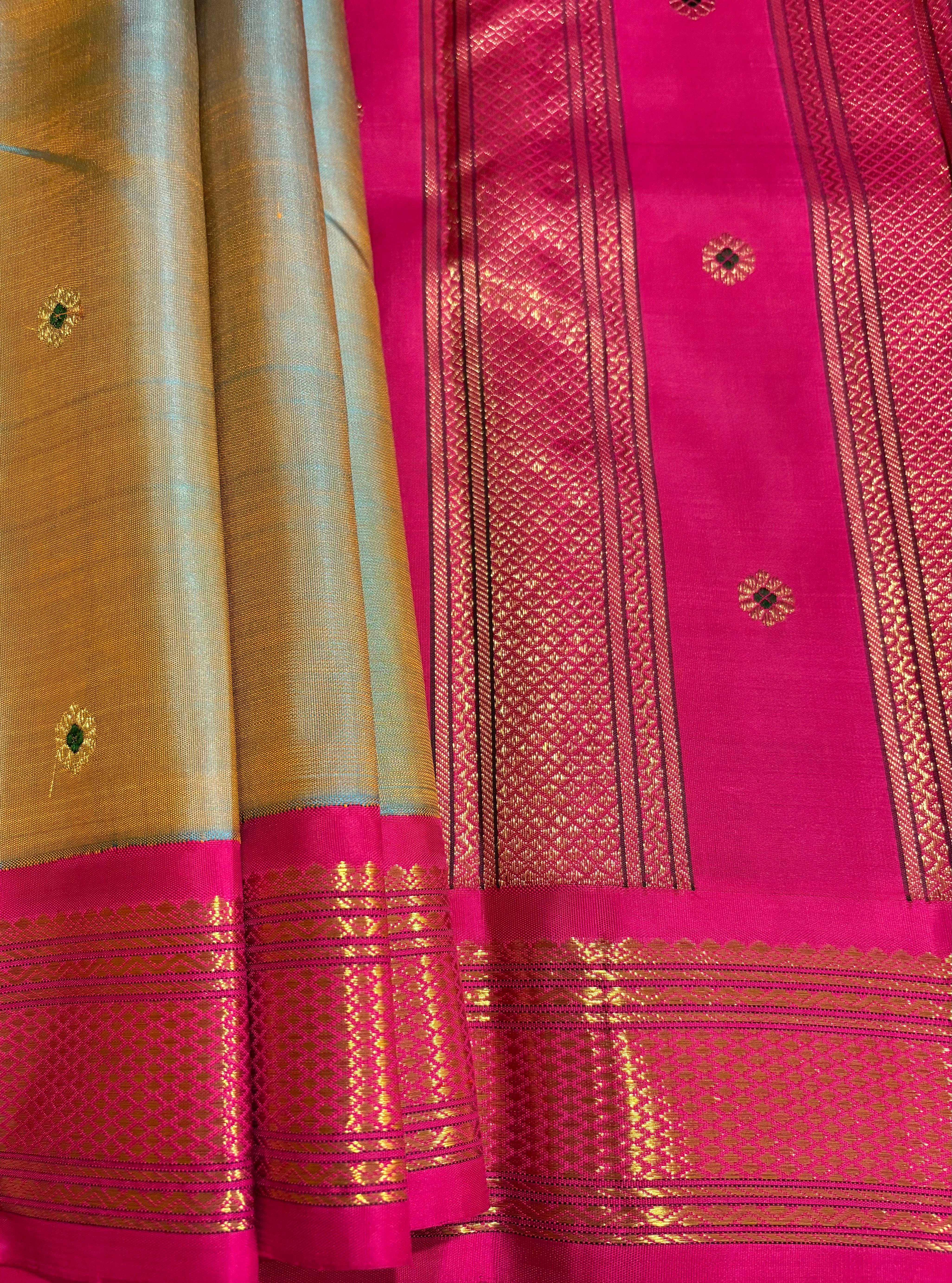 Silver Grey Korvai Kanjivaram Silk Saree  with Rani Pink Border - RK0537