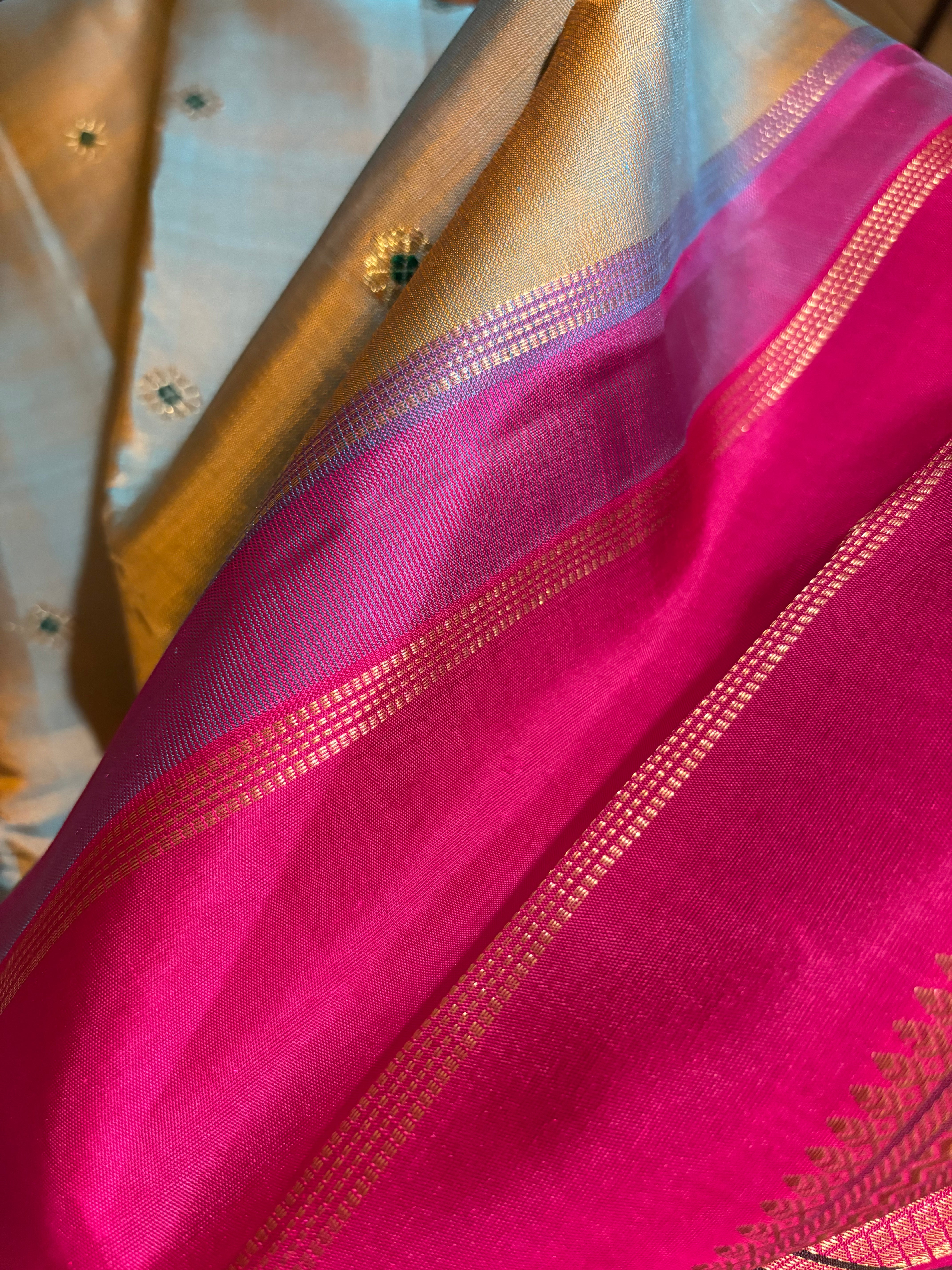 Silver Grey Korvai Kanjivaram Silk Saree  with Rani Pink Border - RK0537