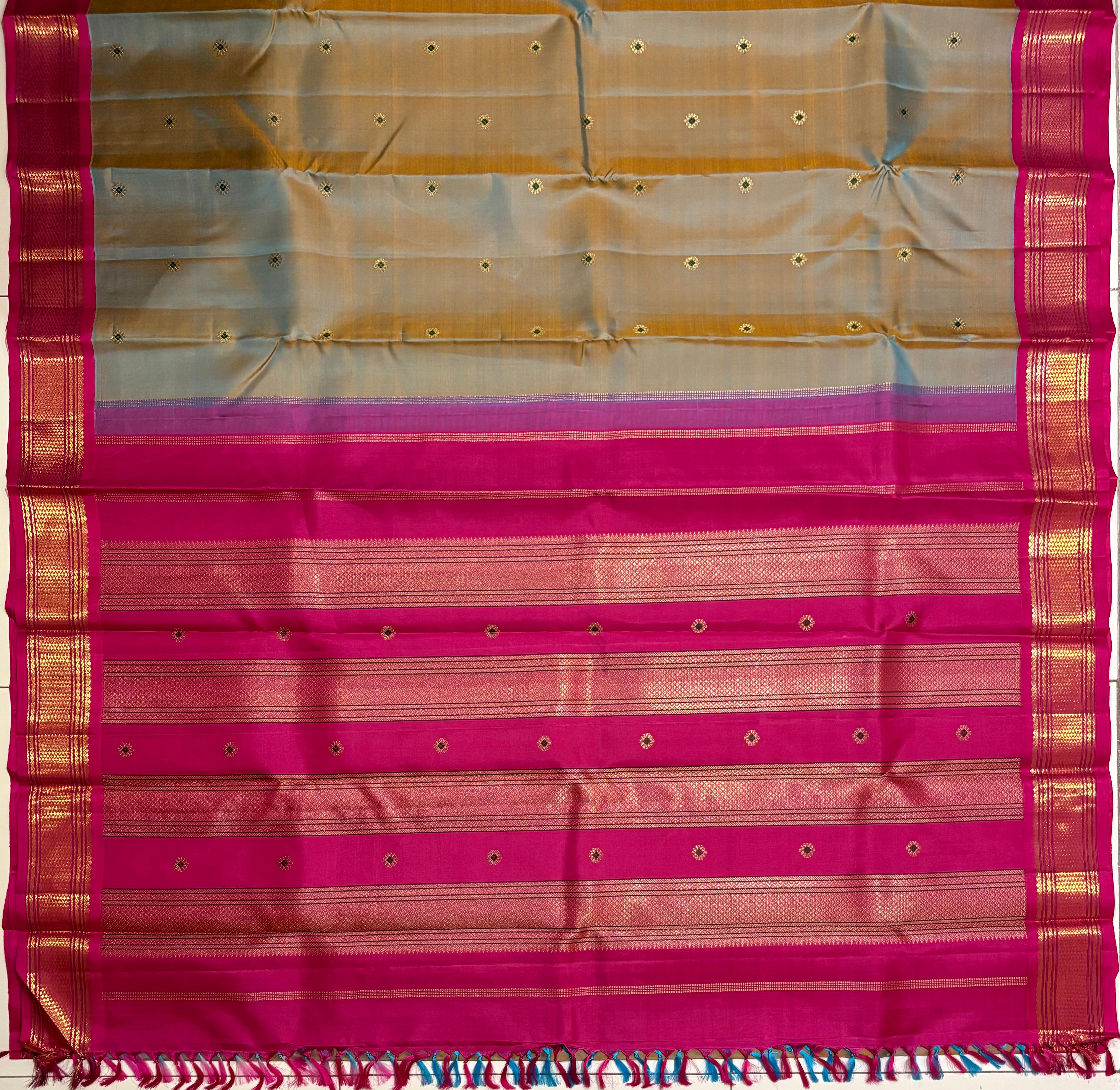 Silver Grey Korvai Kanjivaram Silk Saree  with Rani Pink Border - RK0537