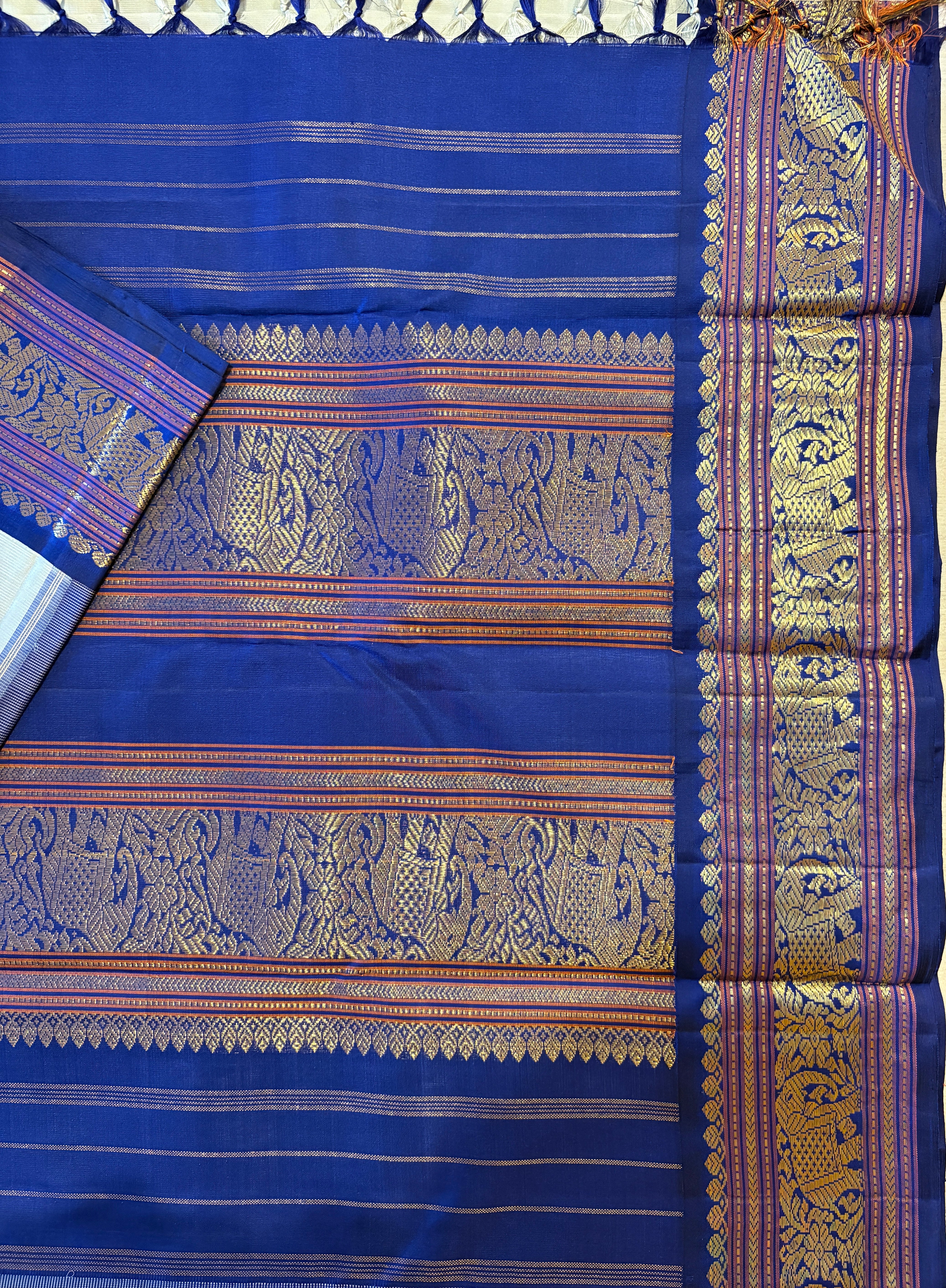 Creamy Elaichi Green Korvai Kanjivaram Silk Saree with Navy blue Border - RK0749