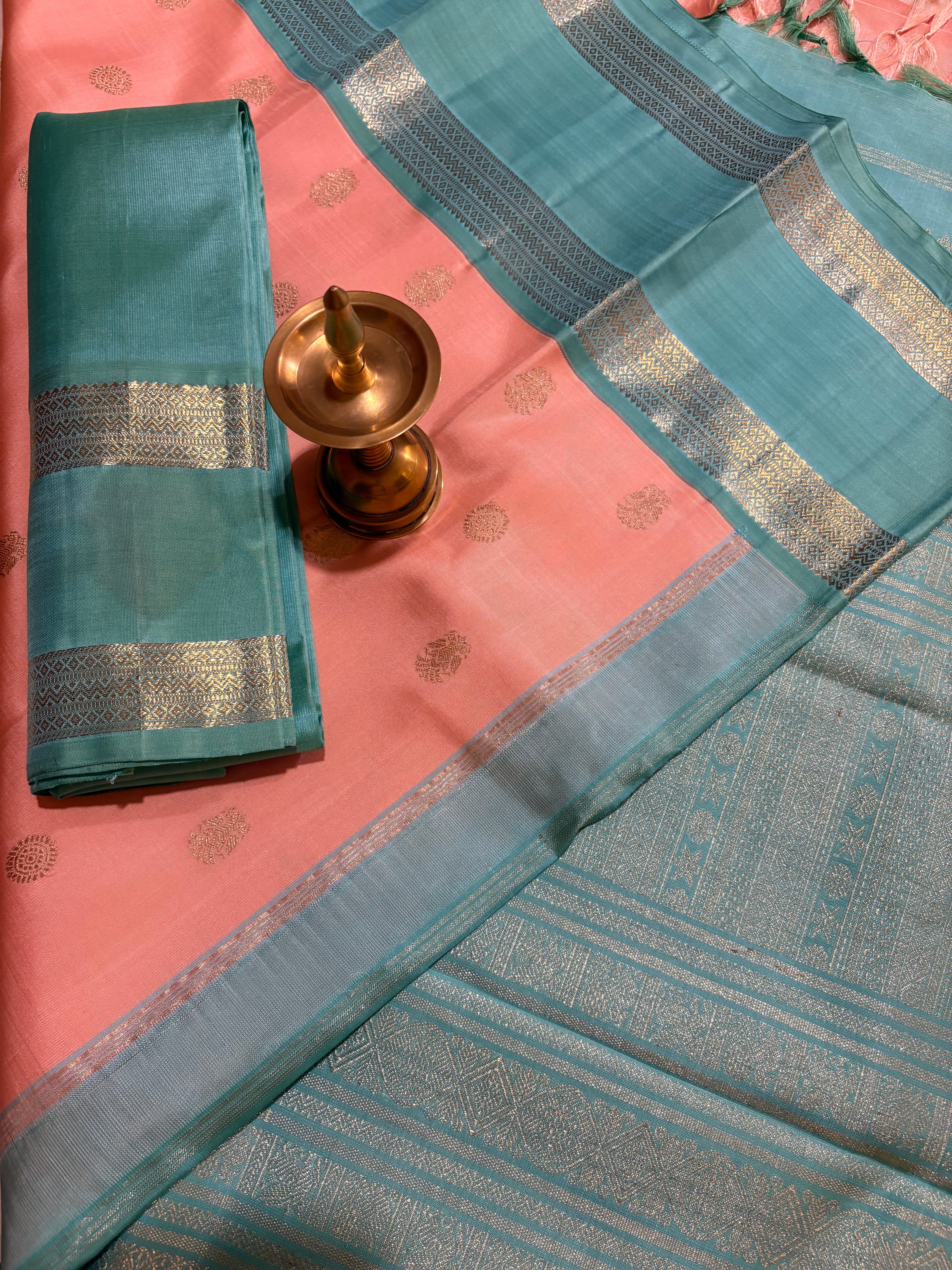 Pastel Peach Korvai Kanjivaram Handloom Silk Saree with Sea Green Border - RK0357