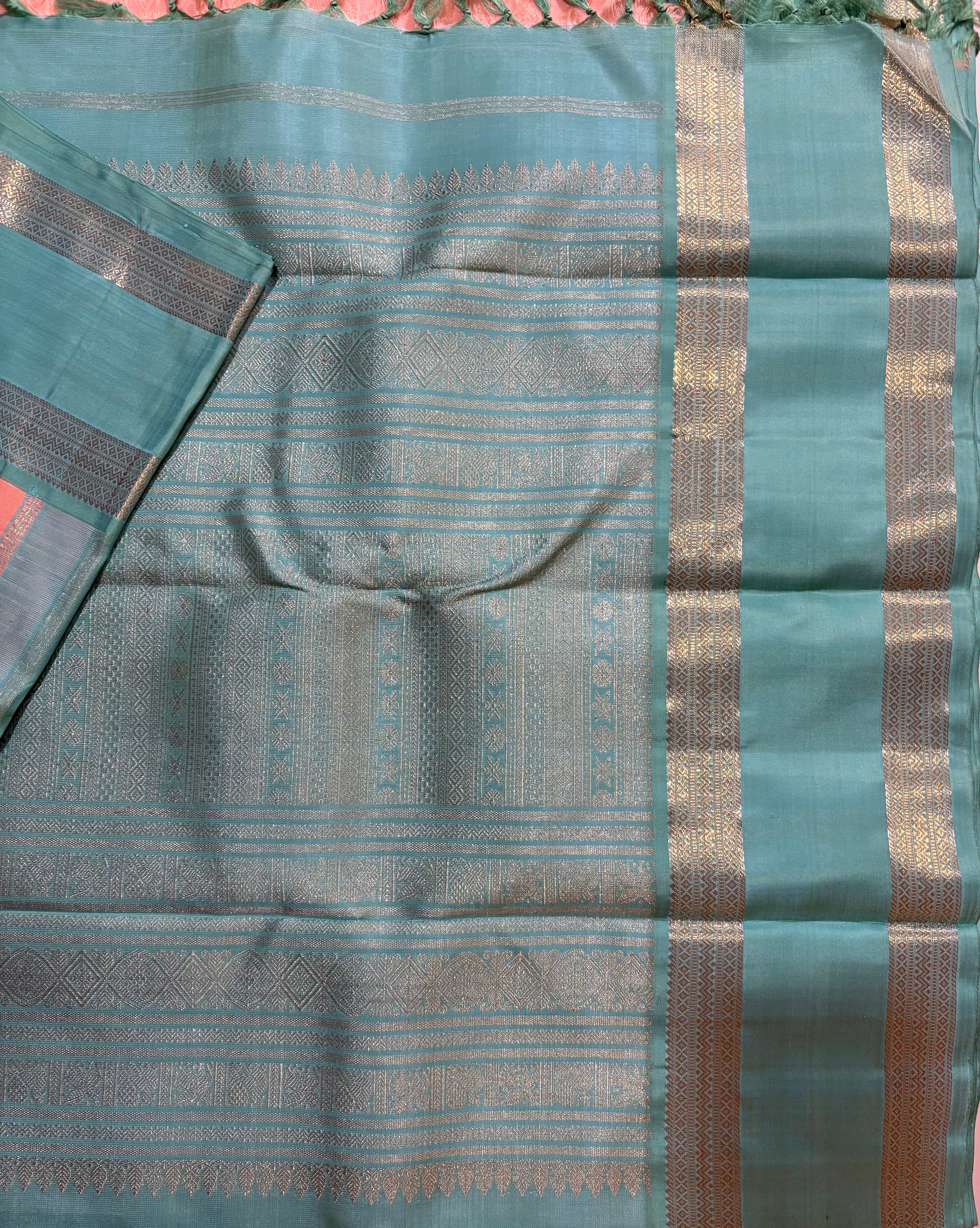 Pastel Peach Korvai Kanjivaram Handloom Silk Saree with Sea Green Border - RK0357