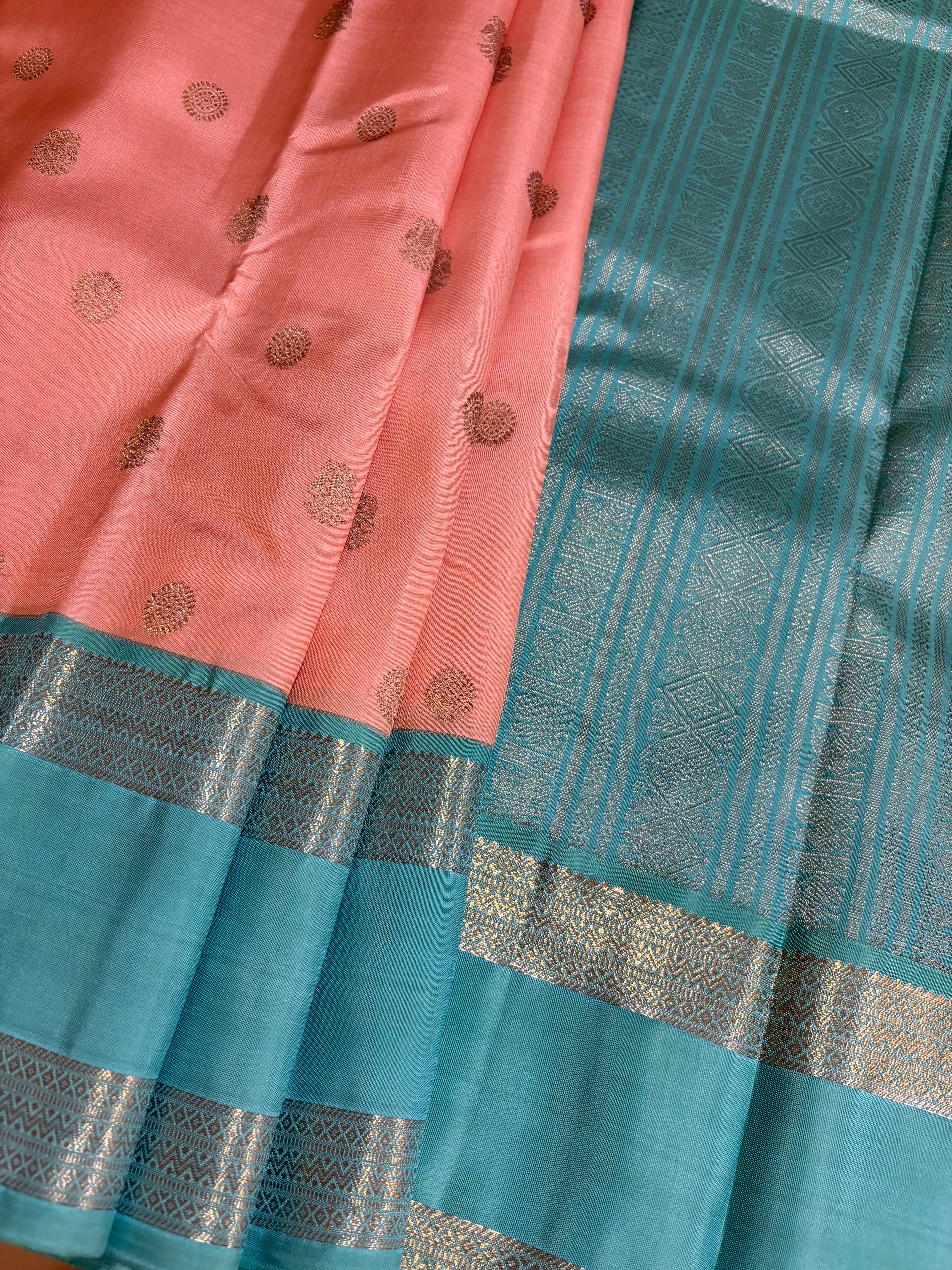Pastel Peach Korvai Kanjivaram Handloom Silk Saree with Sea Green Border - RK0357