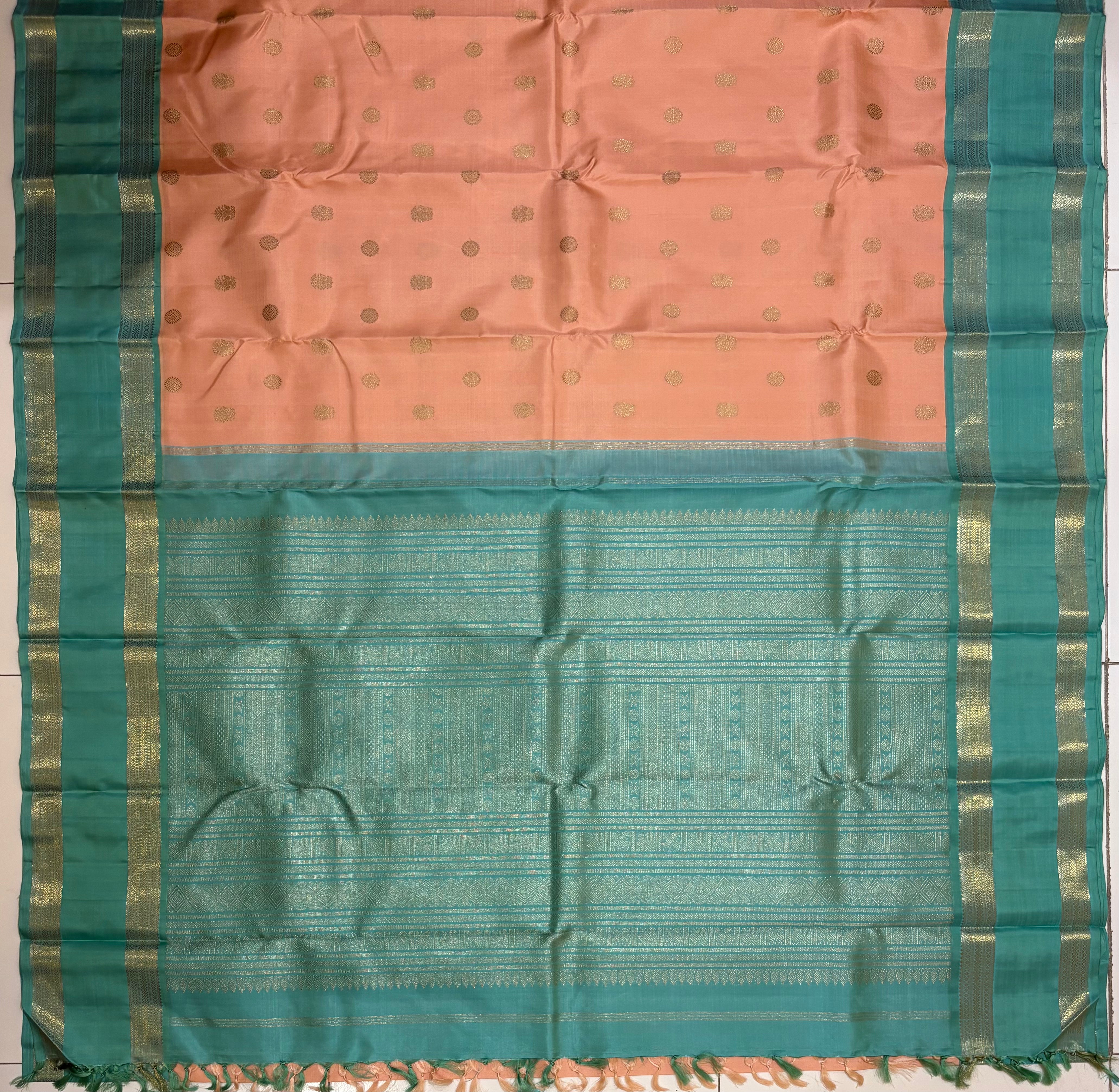 Pastel Peach Korvai Kanjivaram Handloom Silk Saree with Sea Green Border - RK0357