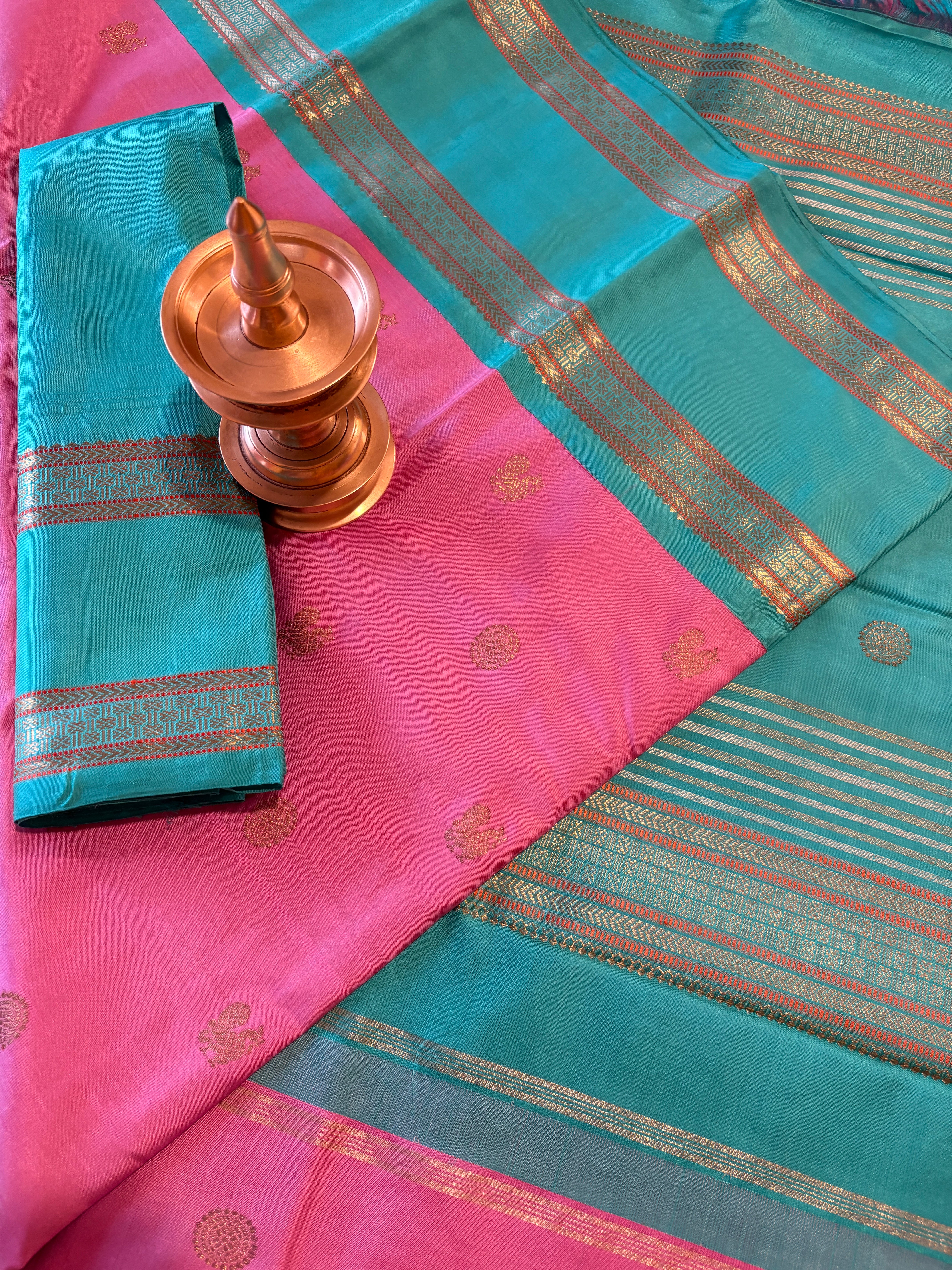 Saree title: beautiful, pastel pink Korvai Kanjeevaram Silk Saree with Turquoise Border - RK044