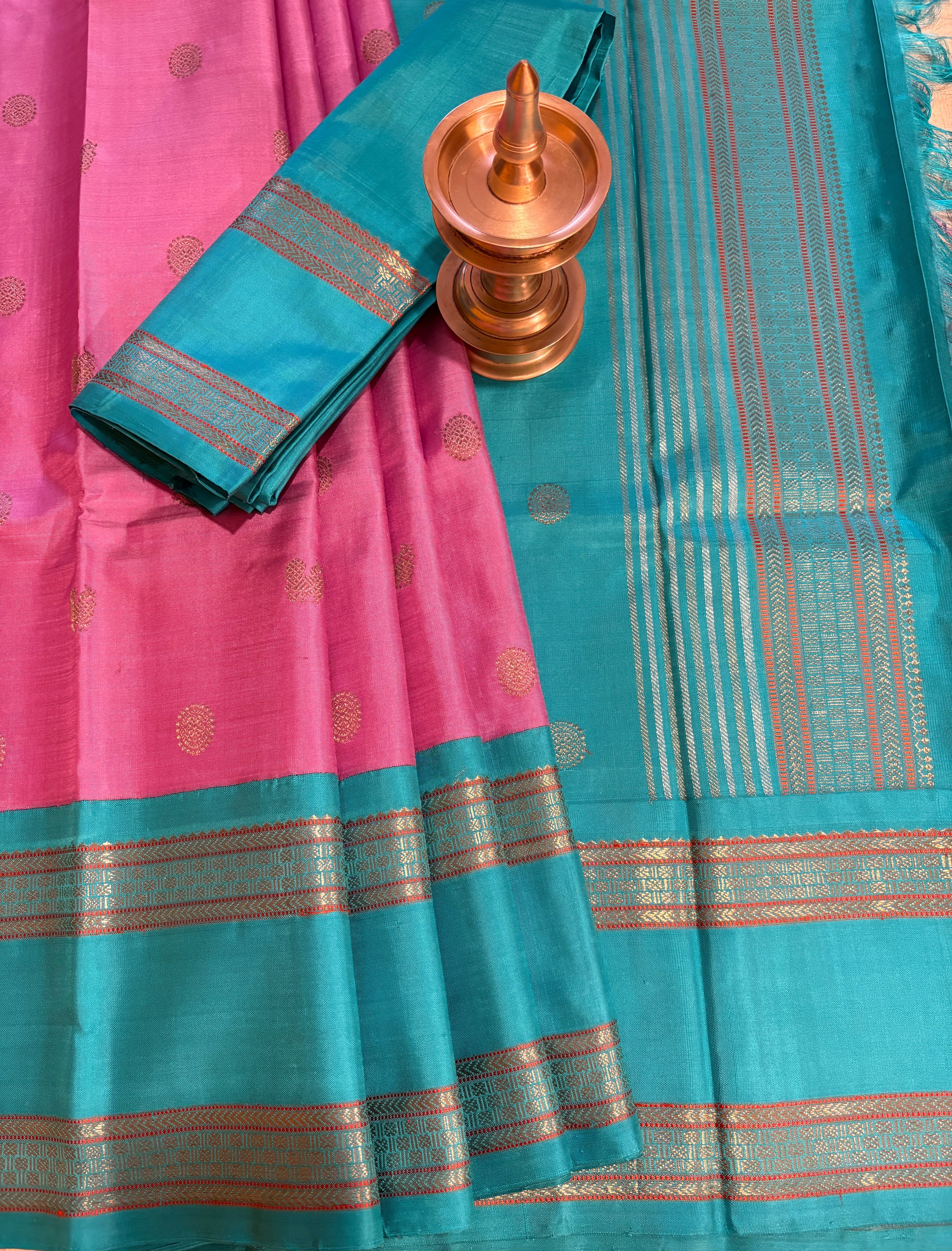 Saree title: beautiful, pastel pink Korvai Kanjeevaram Silk Saree with Turquoise Border - RK044