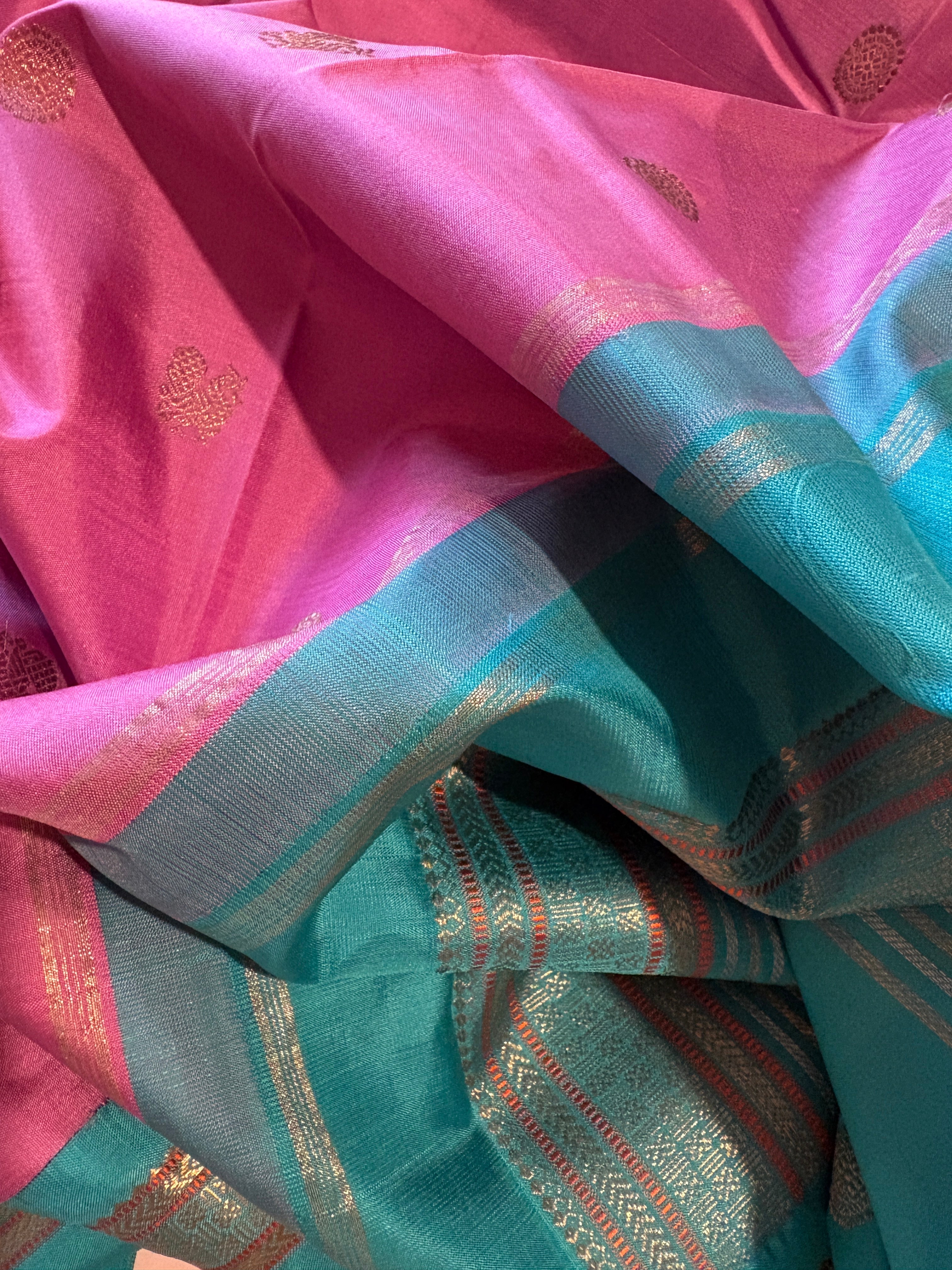 Saree title: beautiful, pastel pink Korvai Kanjeevaram Silk Saree with Turquoise Border - RK044