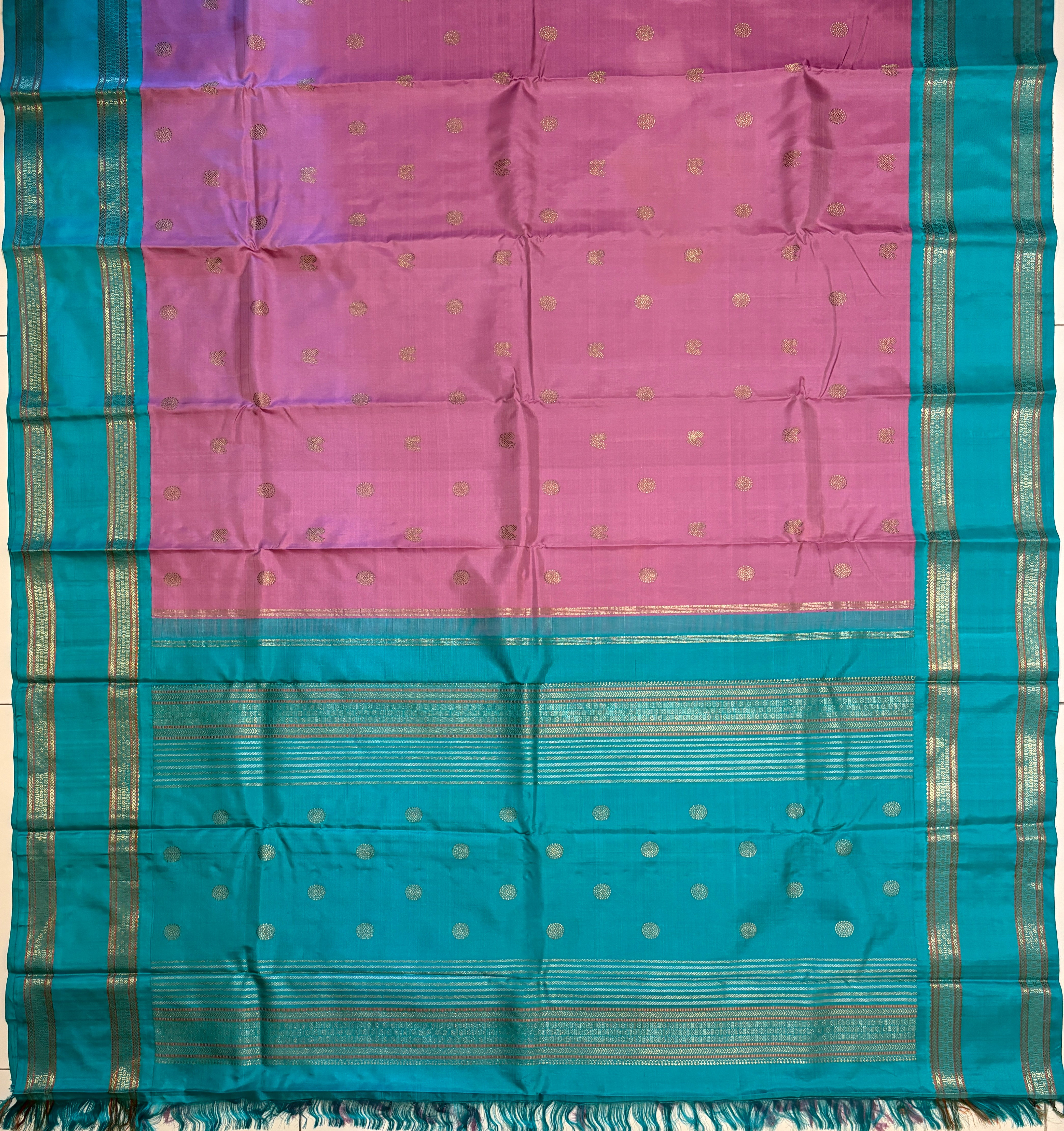 Saree title: beautiful, pastel pink Korvai Kanjeevaram Silk Saree with Turquoise Border - RK044