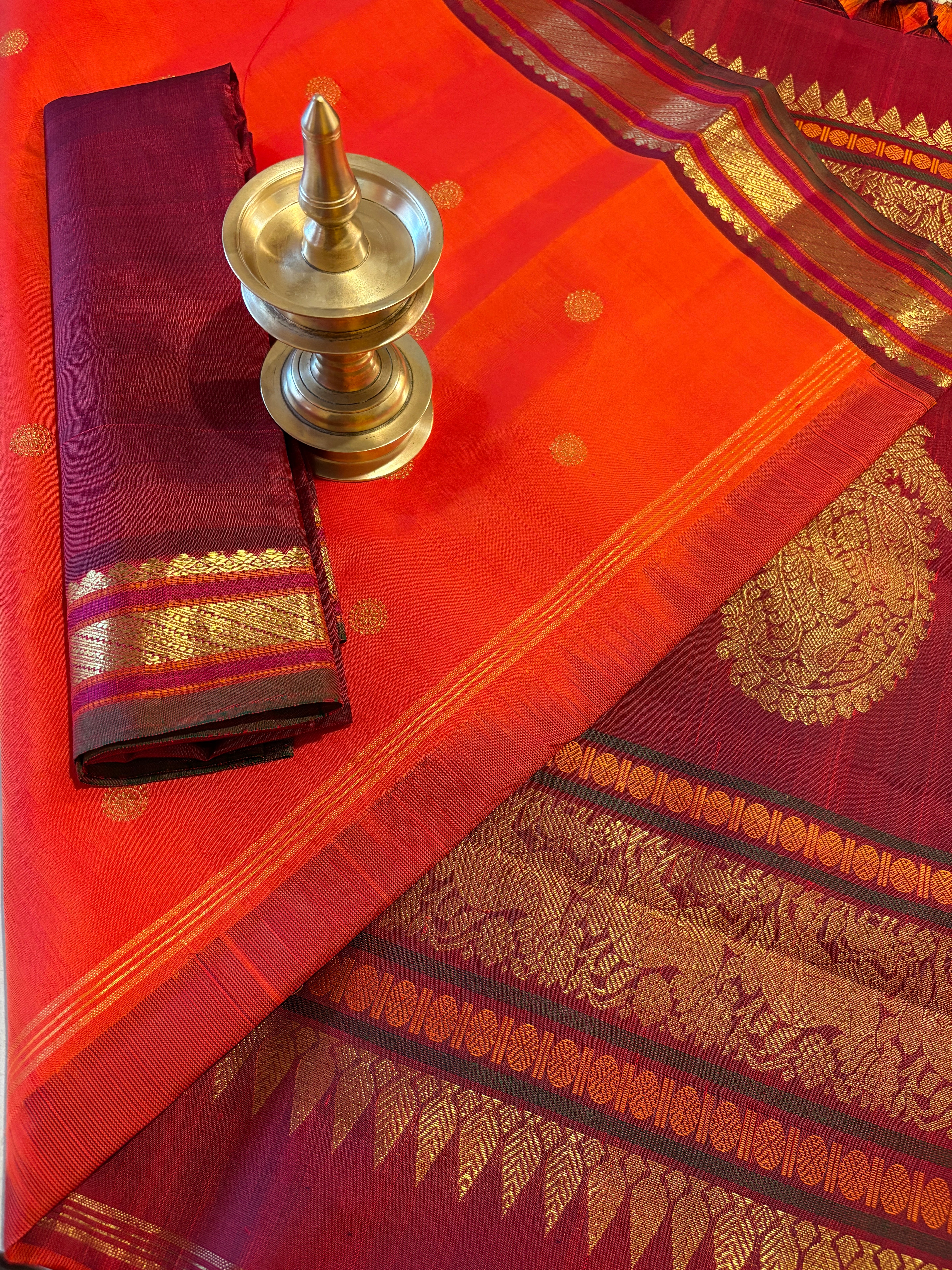 Rust Orange Kanjivaram Silk Saree with deep Maroon border - RK0738