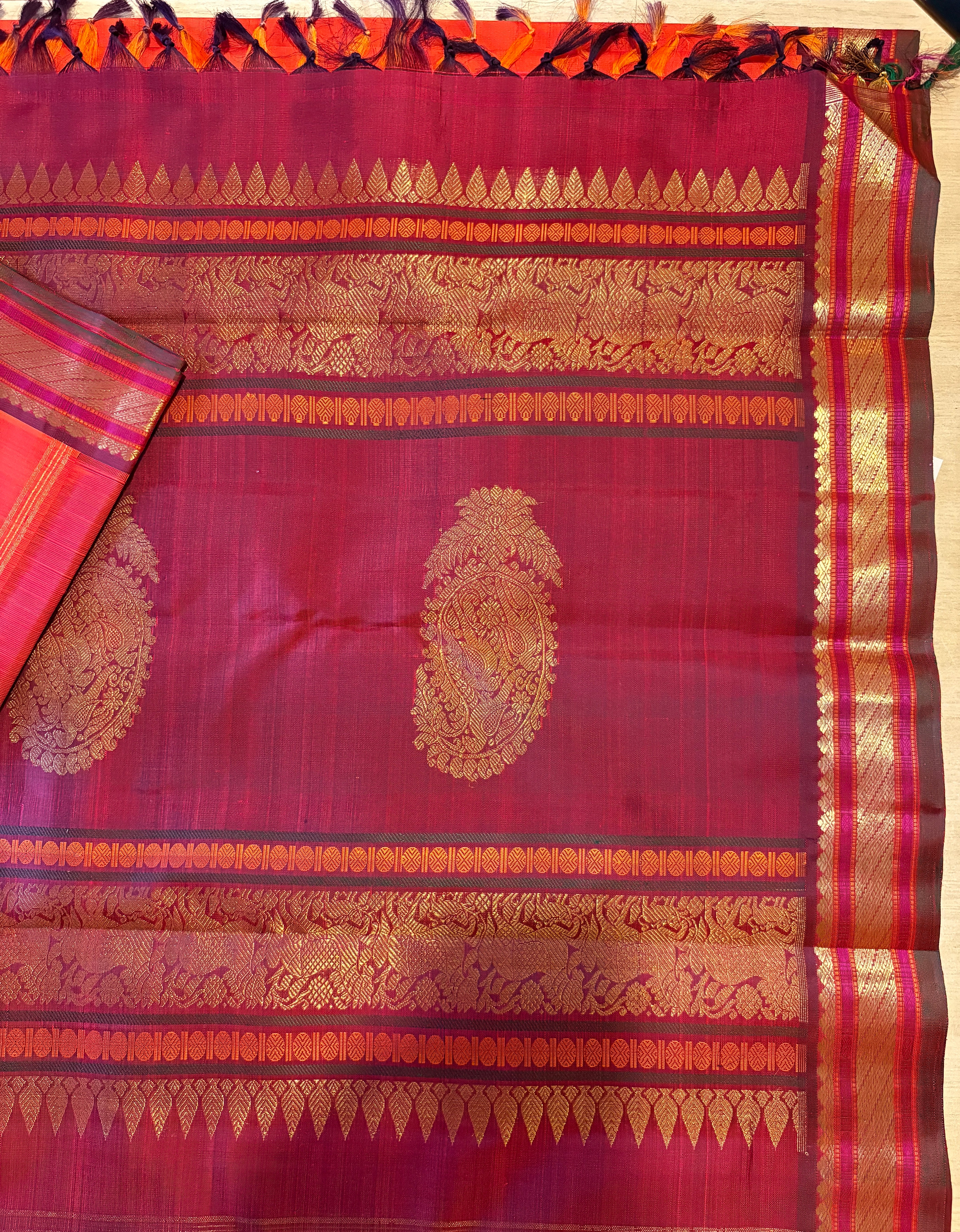 Rust Orange Kanjivaram Silk Saree with deep Maroon border - RK0738