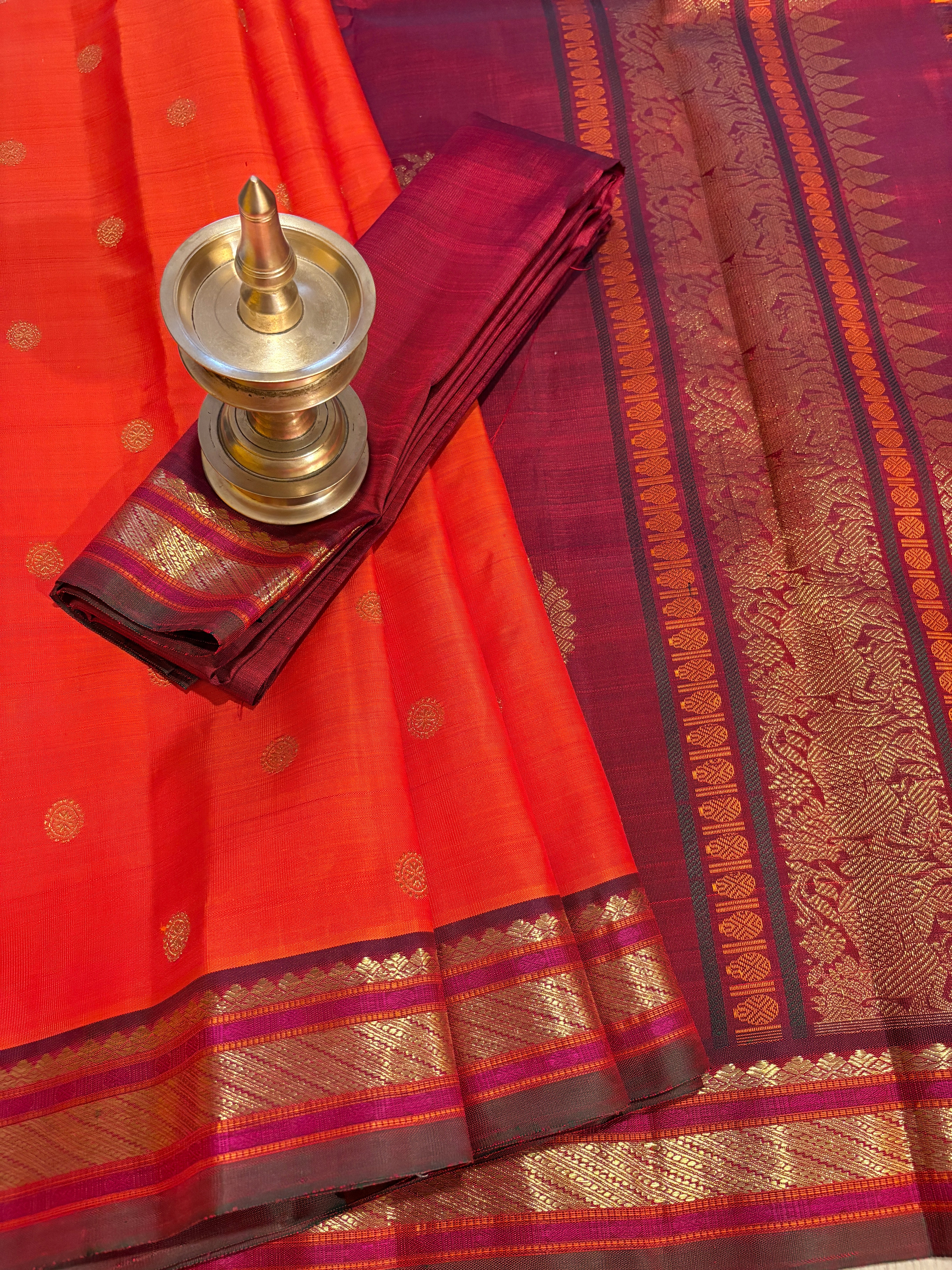 Rust Orange Kanjivaram Silk Saree with deep Maroon border - RK0738