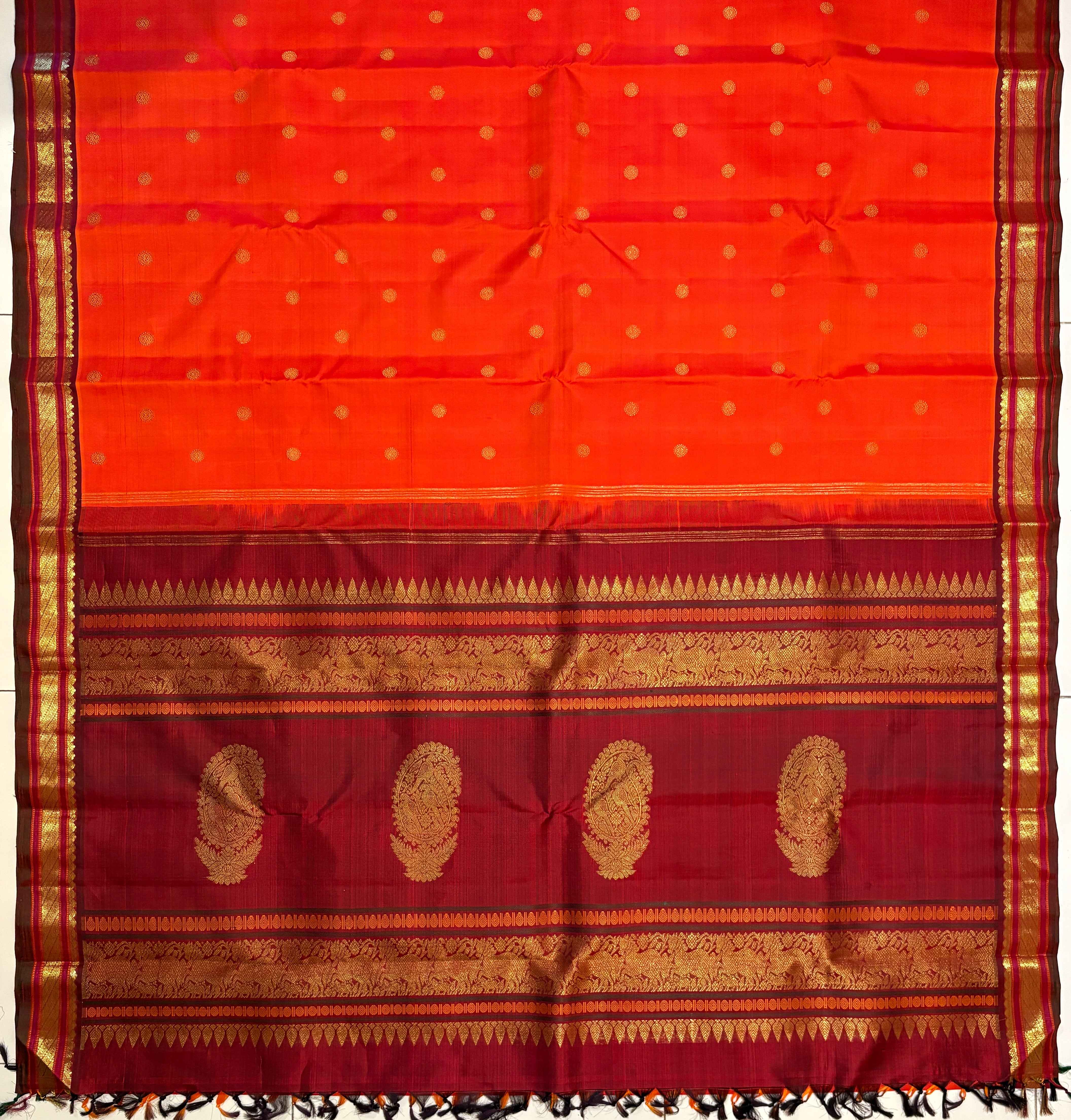 Rust Orange Kanjivaram Silk Saree with deep Maroon border - RK0738