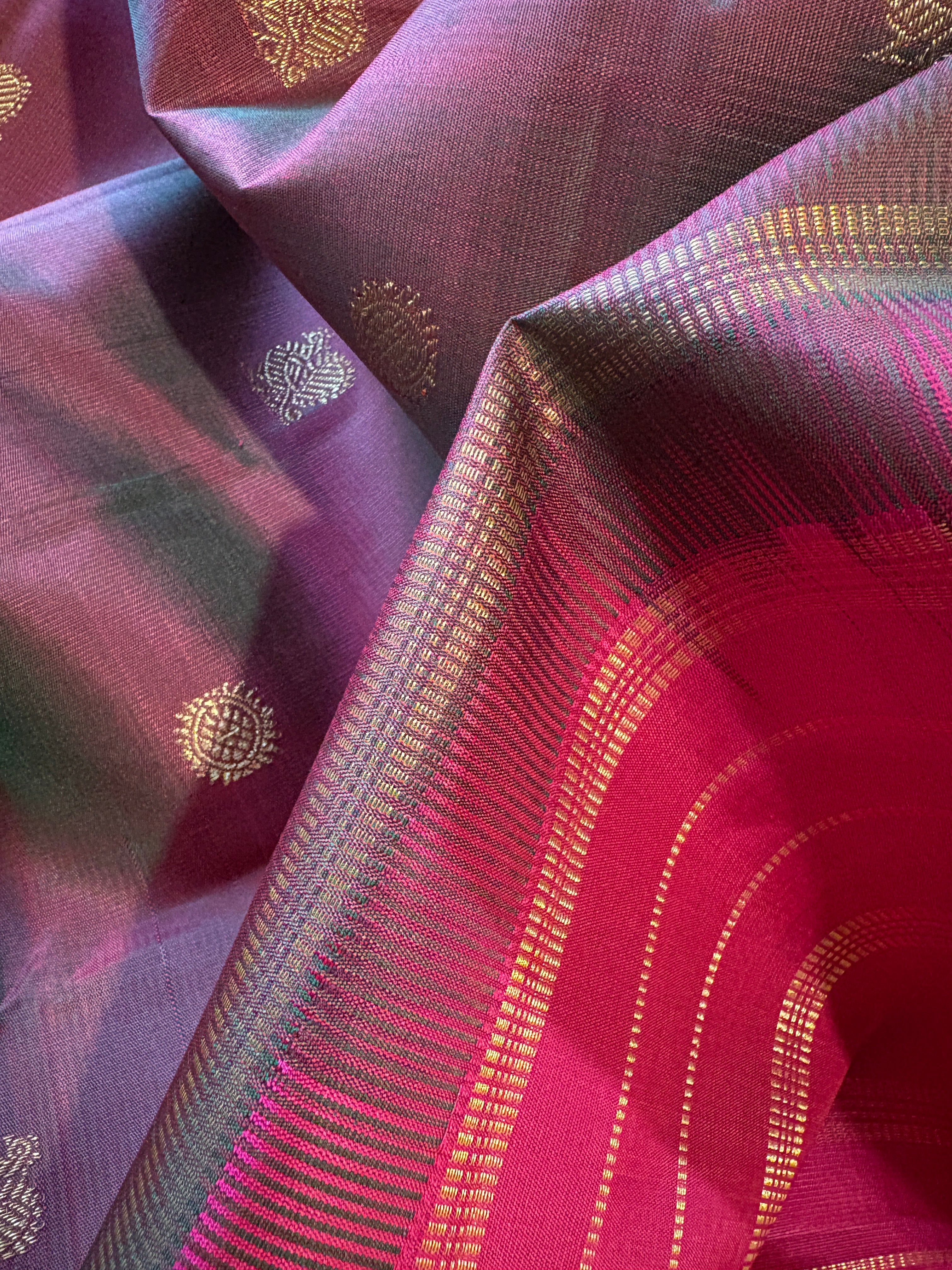 Double shaded Greenish Rani pink Kanjivaram Silk Saree with Rani pink border - RK0756