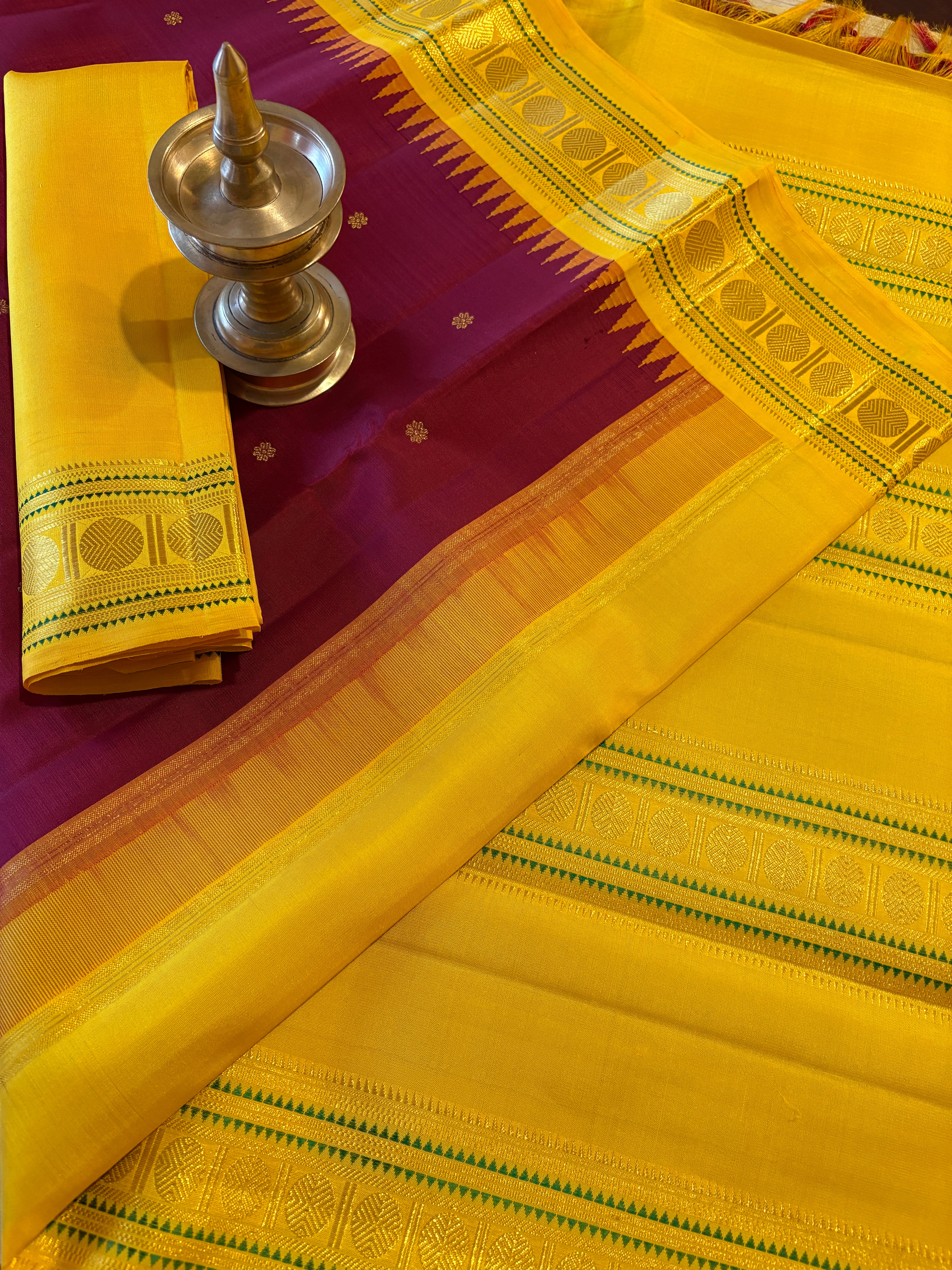 Deep Garnet Korvai Kanjivaram Silk Saree with Mustard border - RK0757