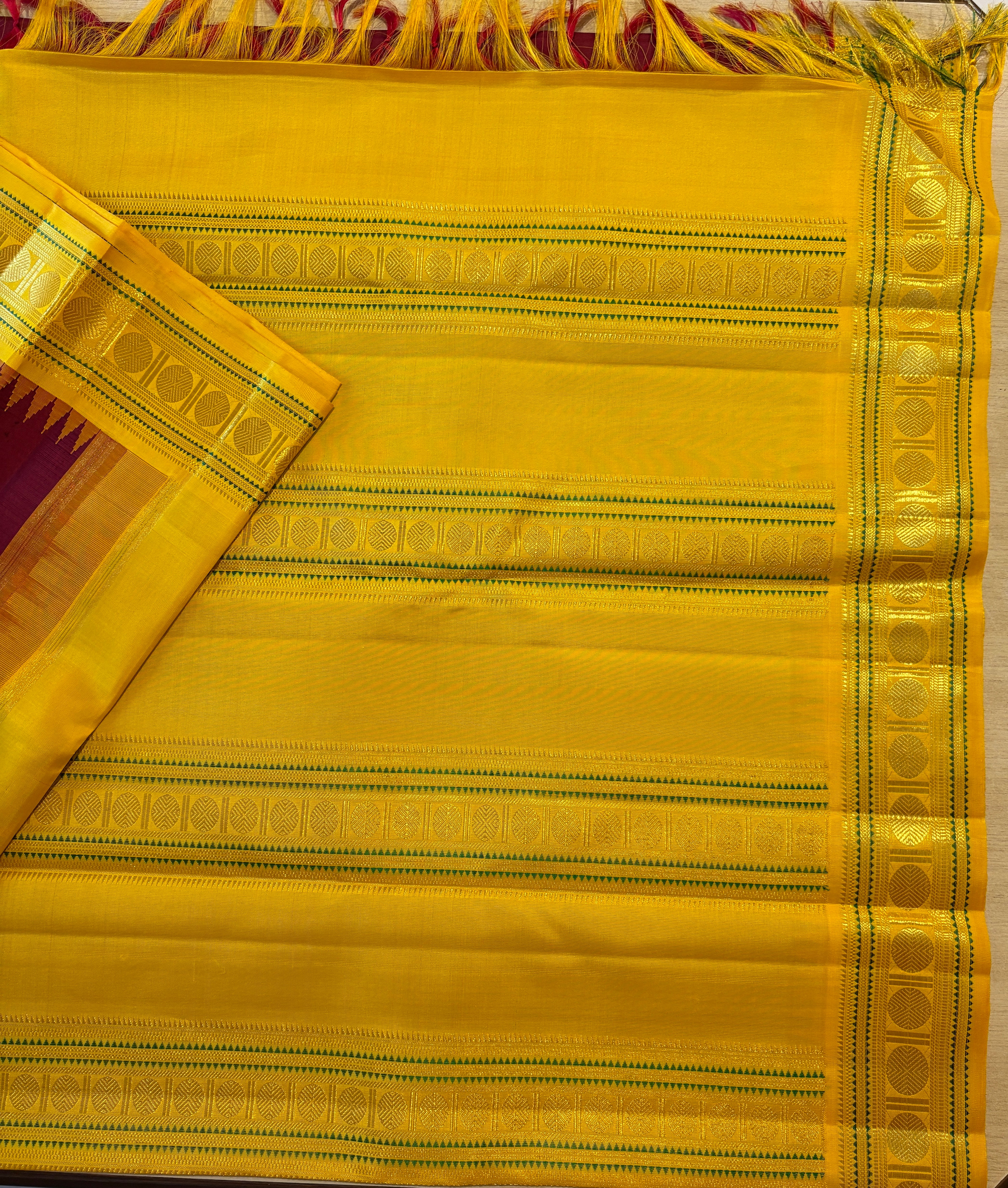 Deep Garnet Korvai Kanjivaram Silk Saree with Mustard border - RK0757
