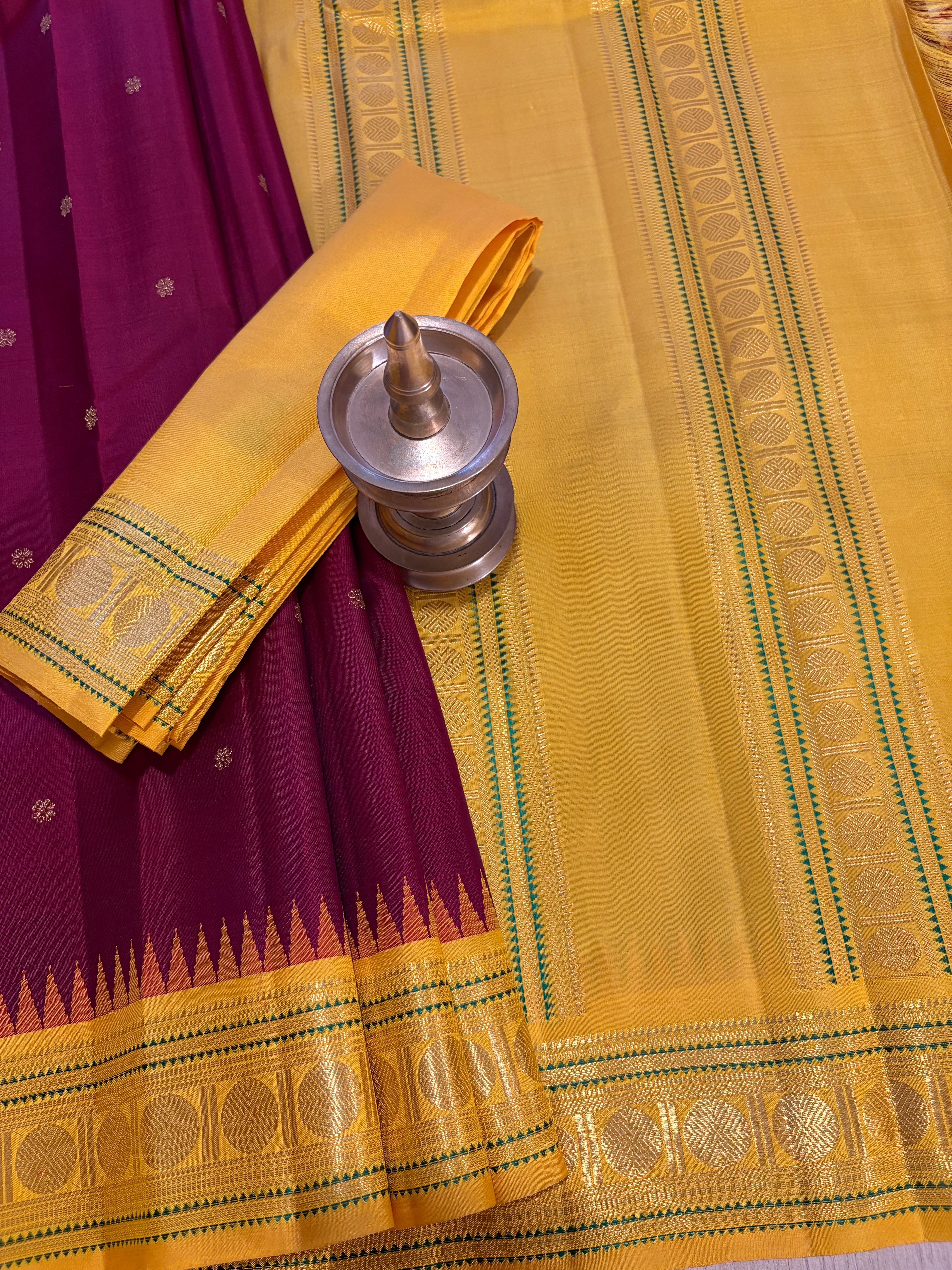 Deep Garnet Korvai Kanjivaram Silk Saree with Mustard border - RK0757
