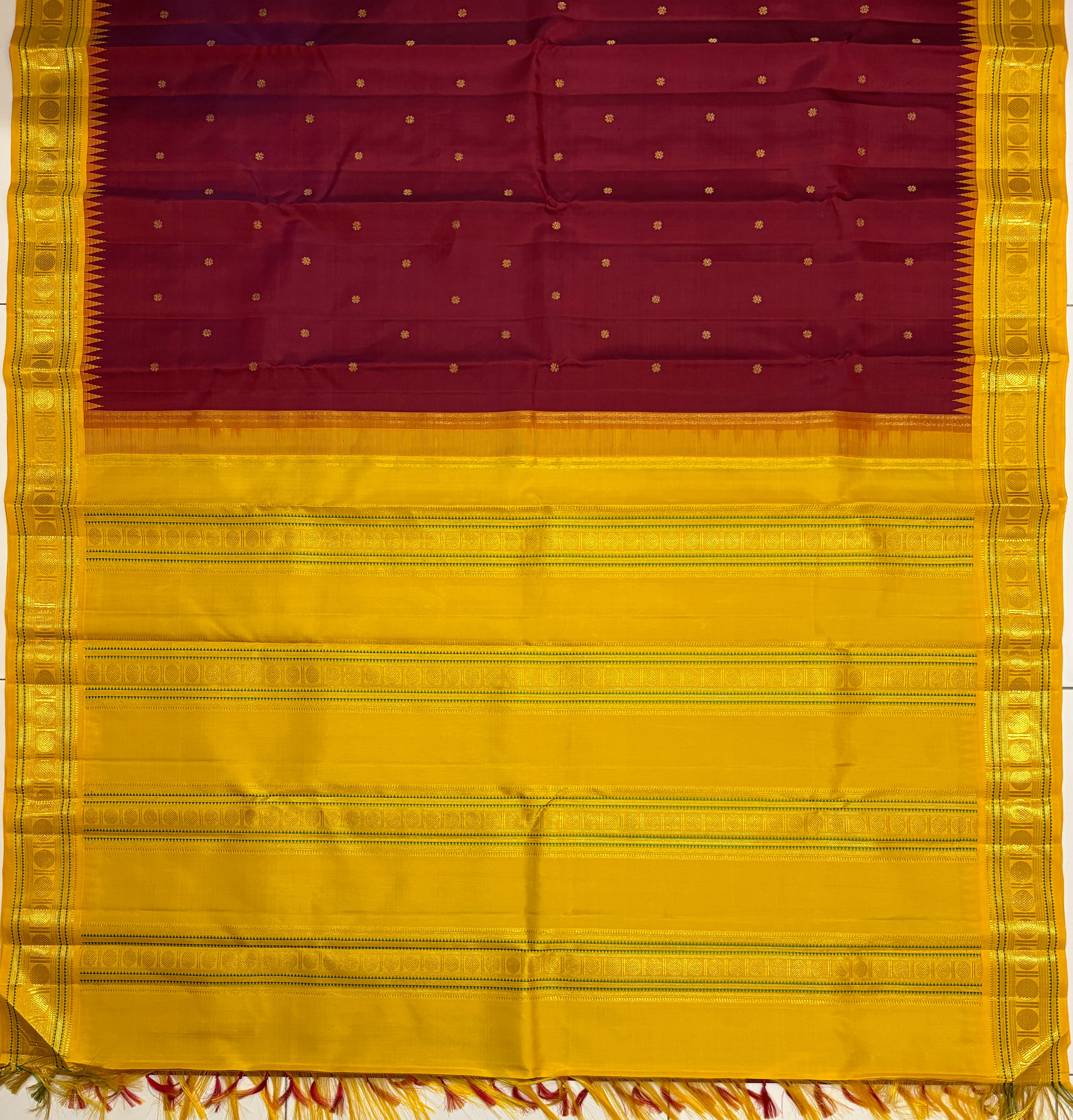 Deep Garnet Korvai Kanjivaram Silk Saree with Mustard border - RK0757
