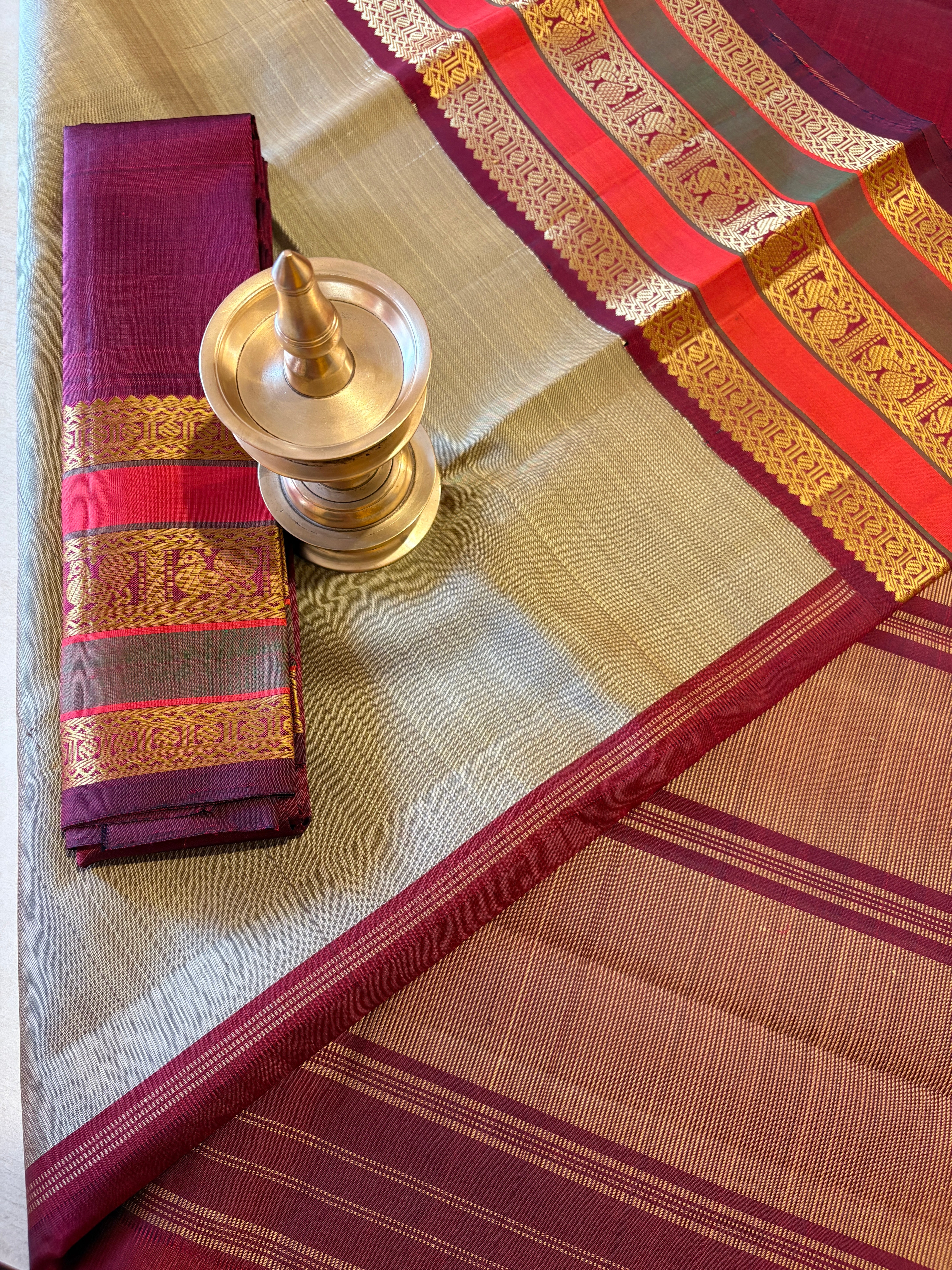 Glowing Beige-Grey Korvai Kanjivaram Silk Saree with Maroon border - RK0205