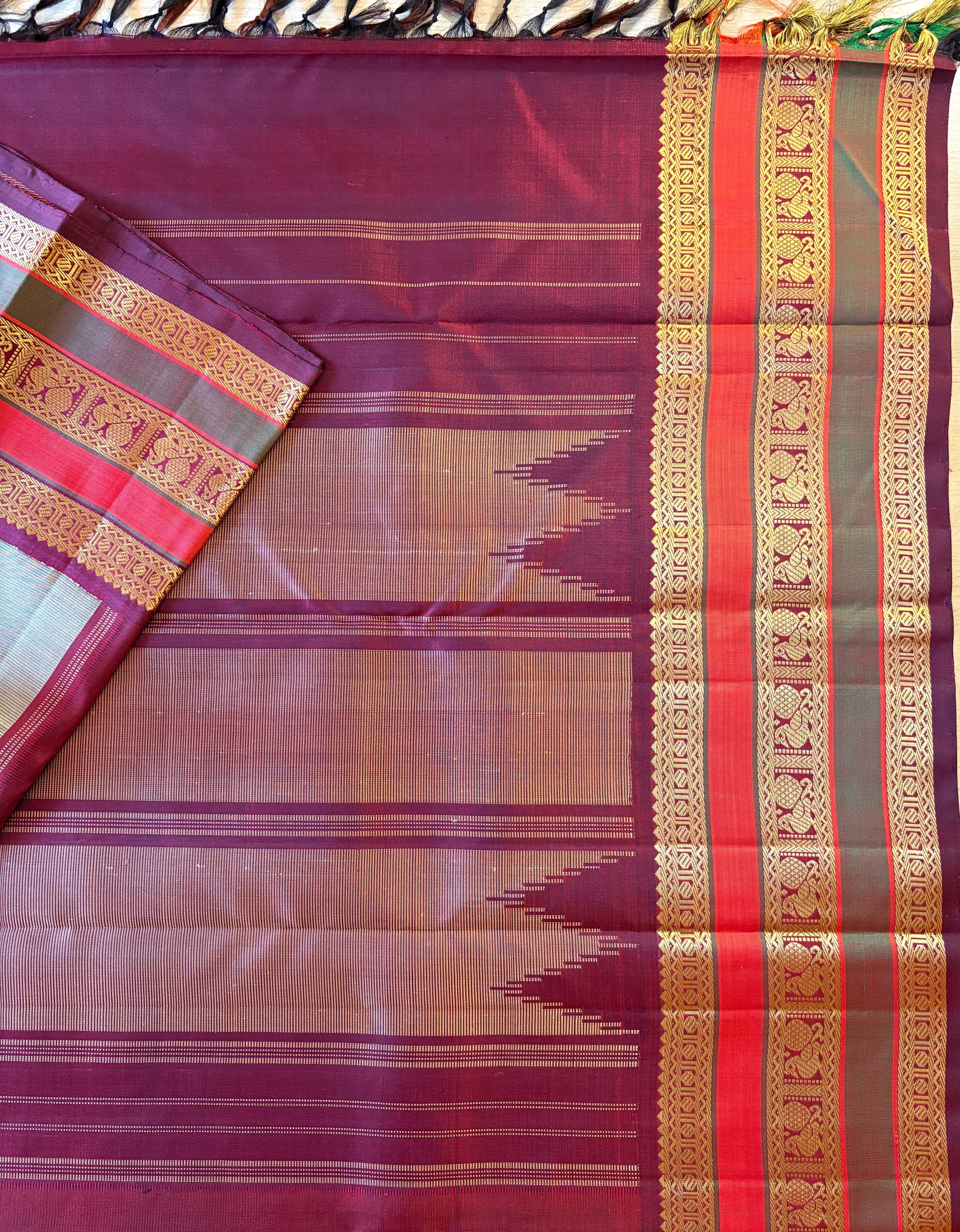 Glowing Beige-Grey Korvai Kanjivaram Silk Saree with Maroon border - RK0205