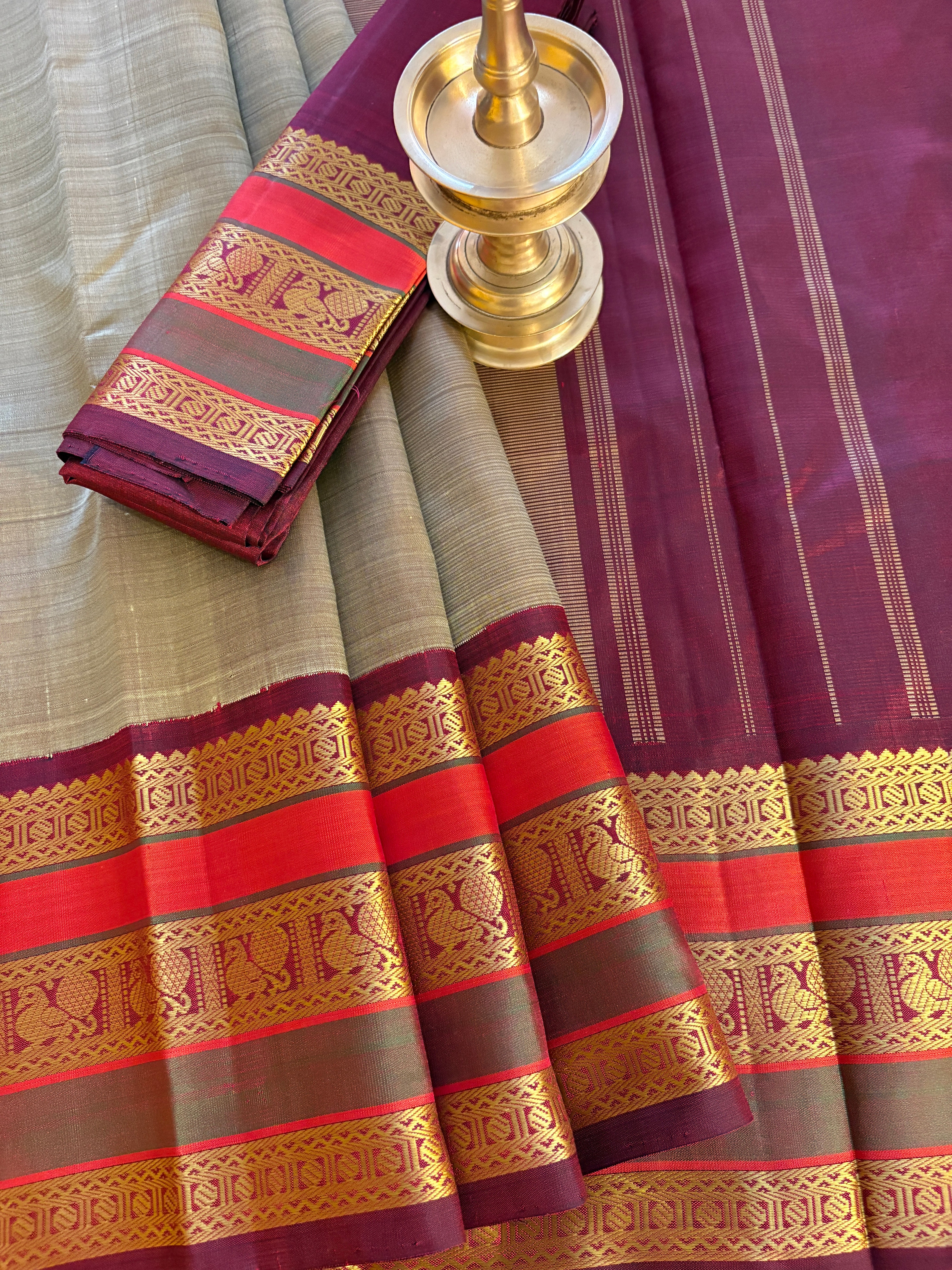 Glowing Beige-Grey Korvai Kanjivaram Silk Saree with Maroon border - RK0205